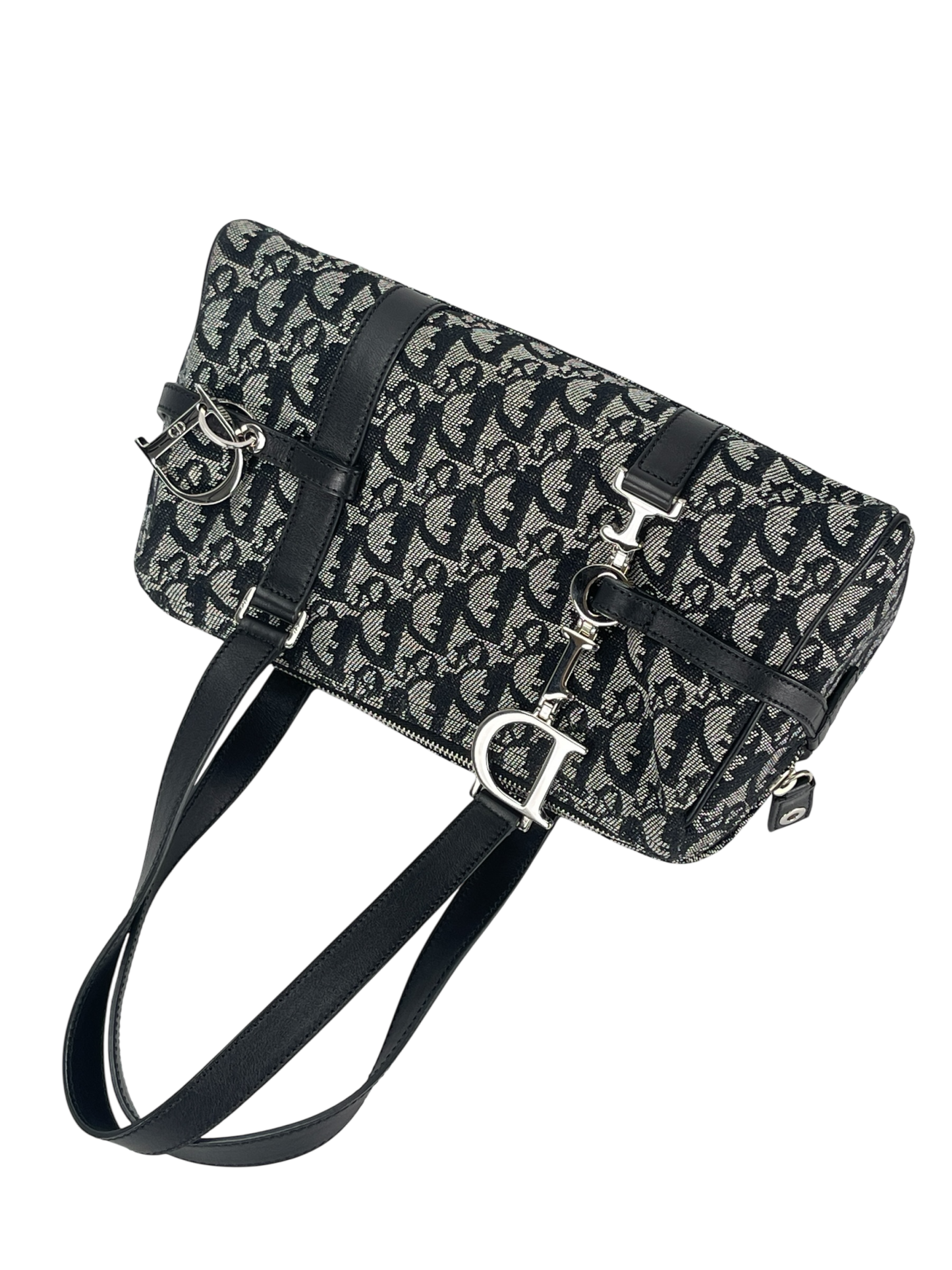 CHRISTIAN DIOR - Black Canvas Leather Trotter Logo Handbag Sliver Hardware