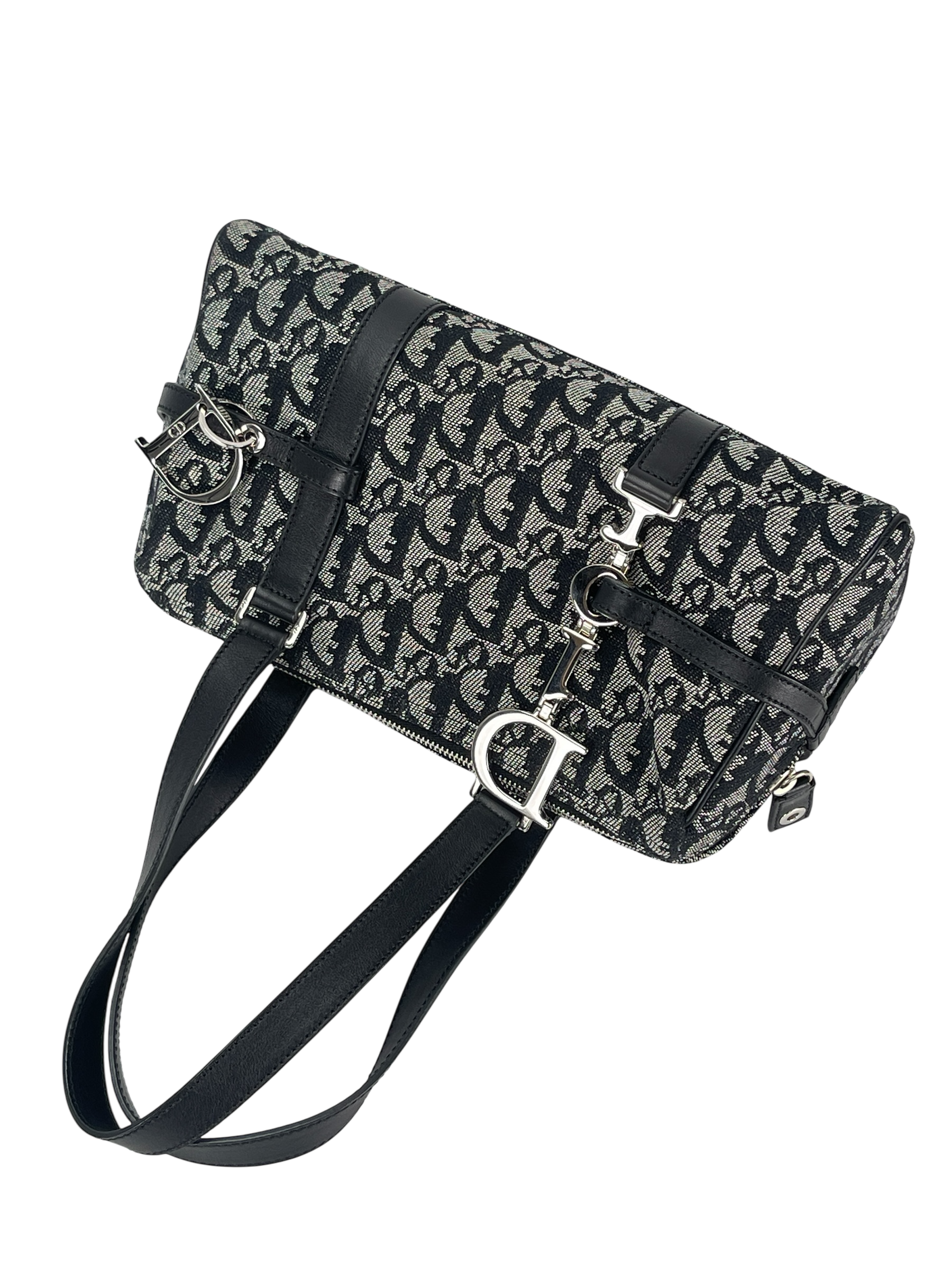 CHRISTIAN DIOR - Black Canvas Leather Trotter Logo Handbag Sliver Hardware