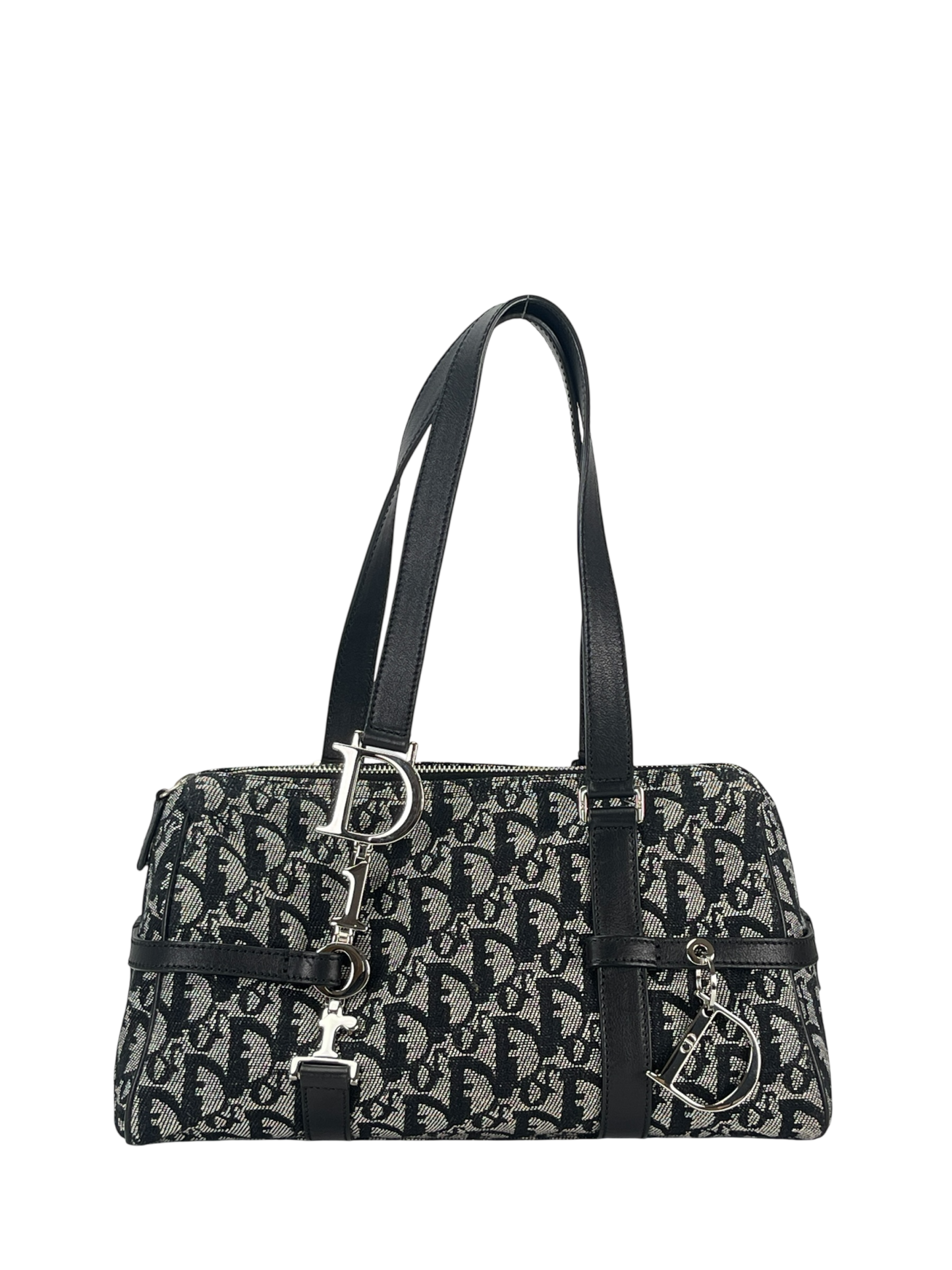 CHRISTIAN DIOR - Black Canvas Leather Trotter Logo Handbag Sliver Hardware