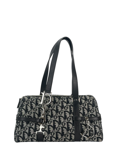 CHRISTIAN DIOR - Black Canvas Leather Trotter Logo Handbag Sliver Hardware
