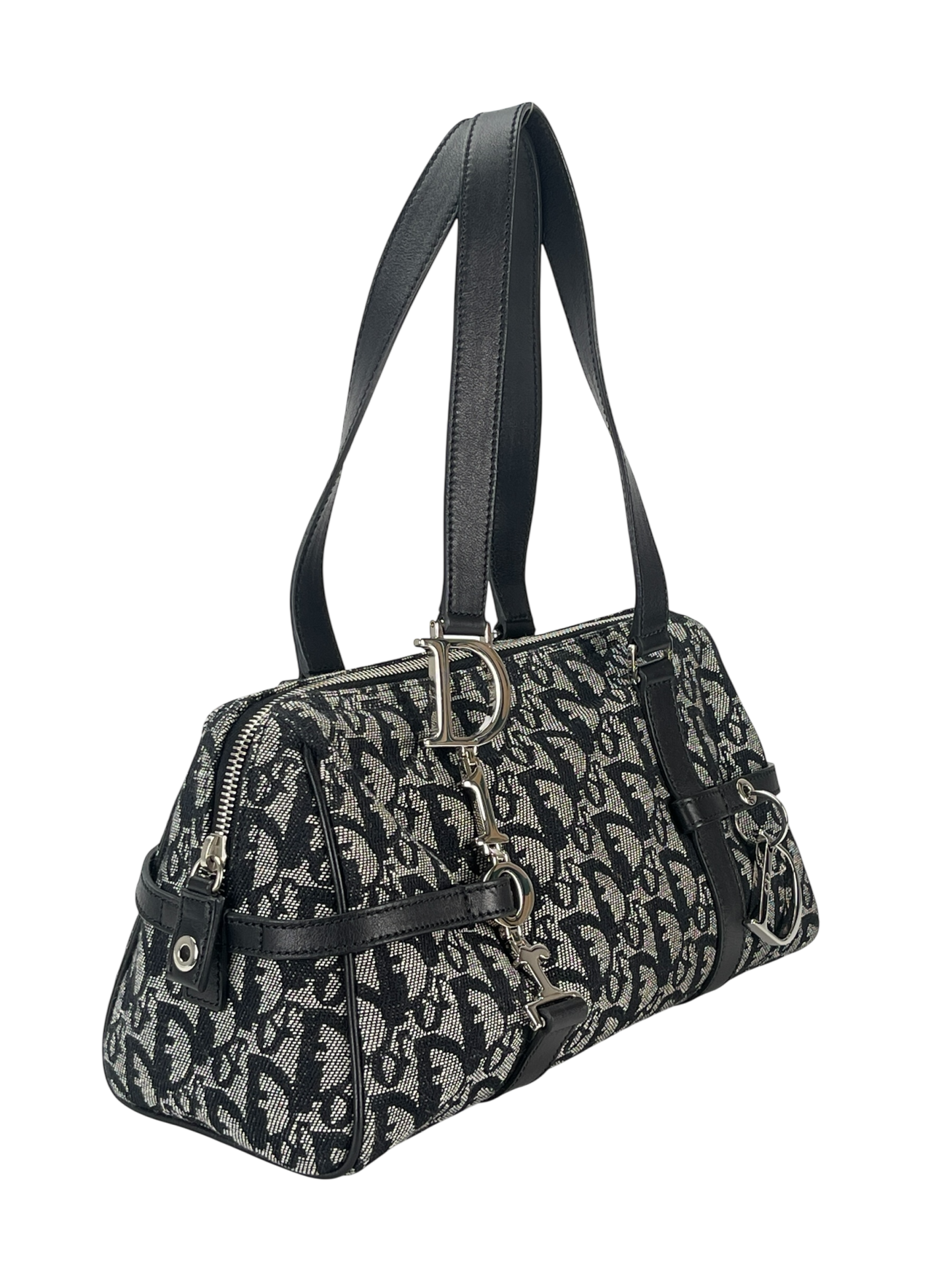 CHRISTIAN DIOR - Black Canvas Leather Trotter Logo Handbag Sliver Hardware