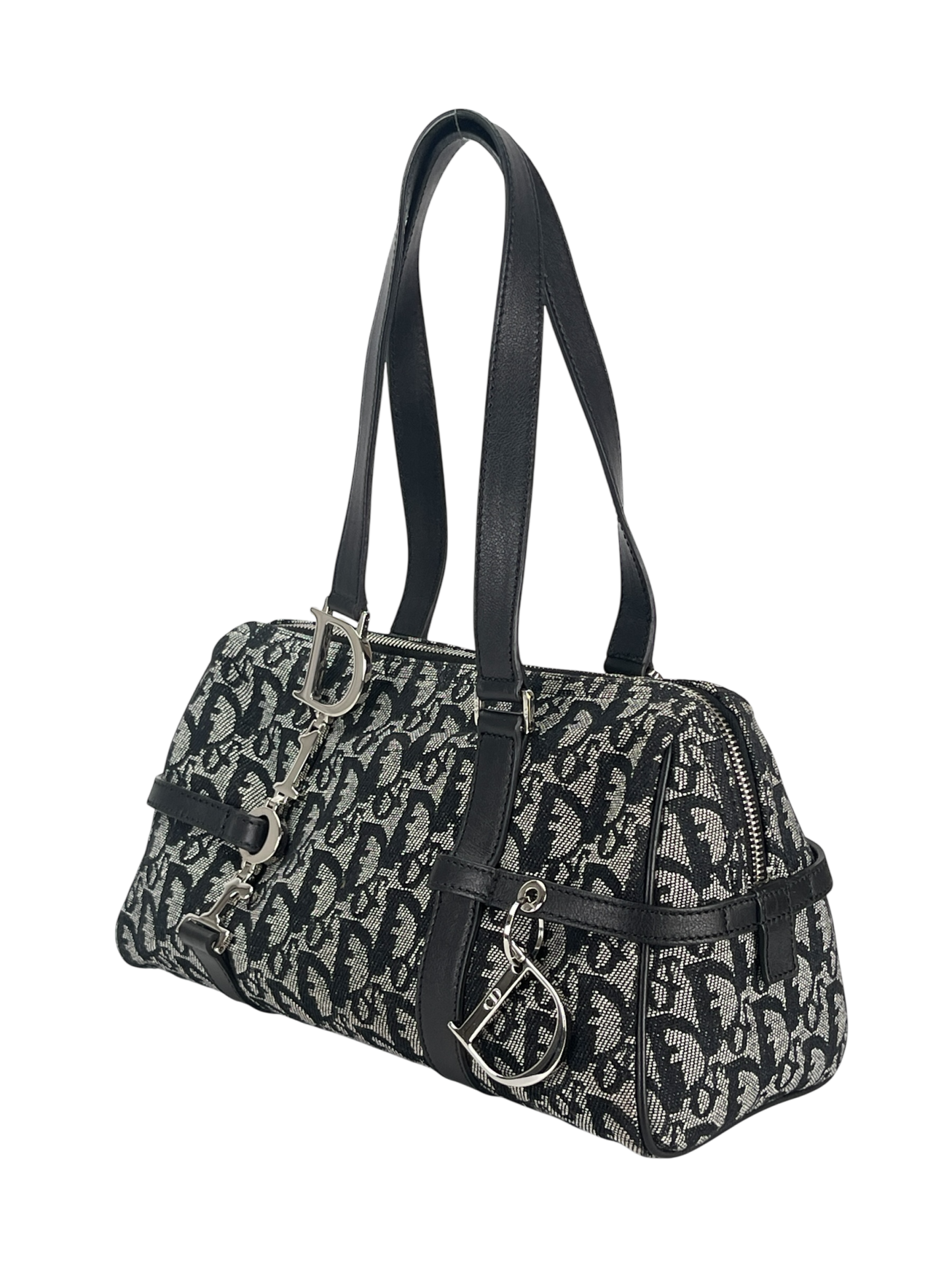 CHRISTIAN DIOR - Black Canvas Leather Trotter Logo Handbag Sliver Hardware