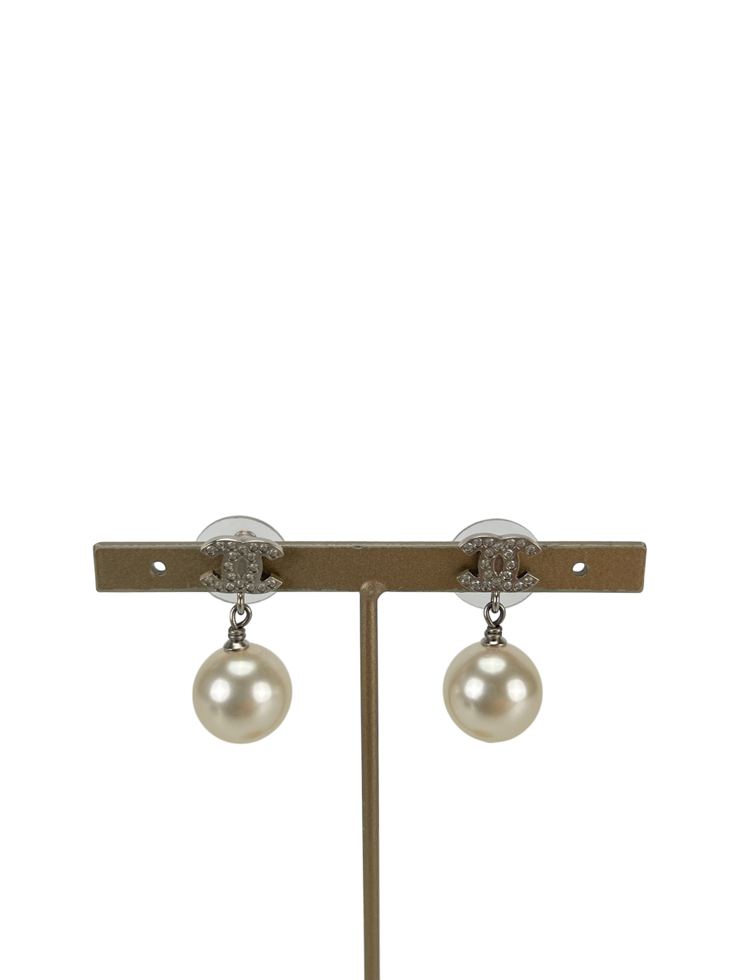 CHANEL - 22V Coco Mark Pearl Silver Metal Rhinestone Earrings