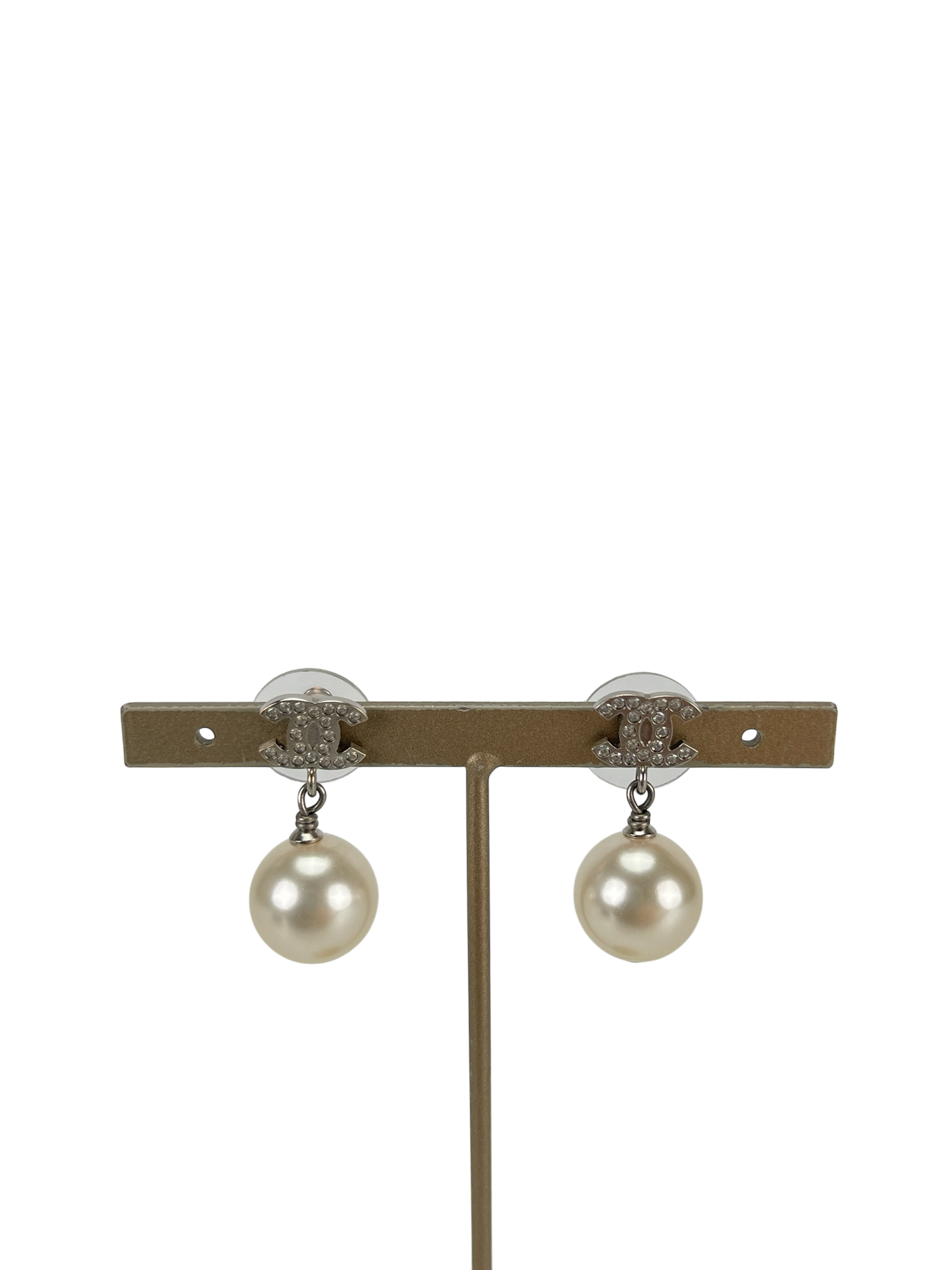 CHANEL - 22V Coco Mark Pearl Silver Metal Rhinestone Earrings