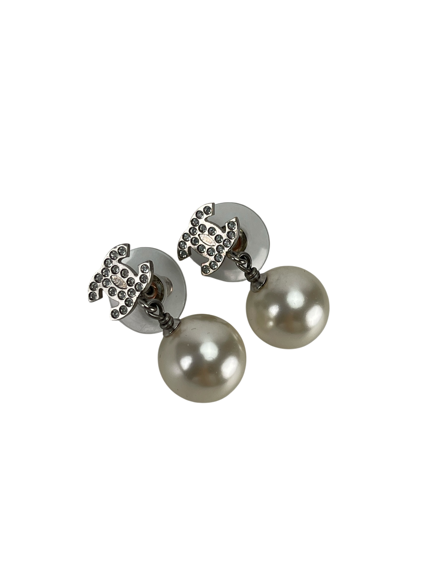 CHANEL - 22V Coco Mark Pearl Silver Metal Rhinestone Earrings