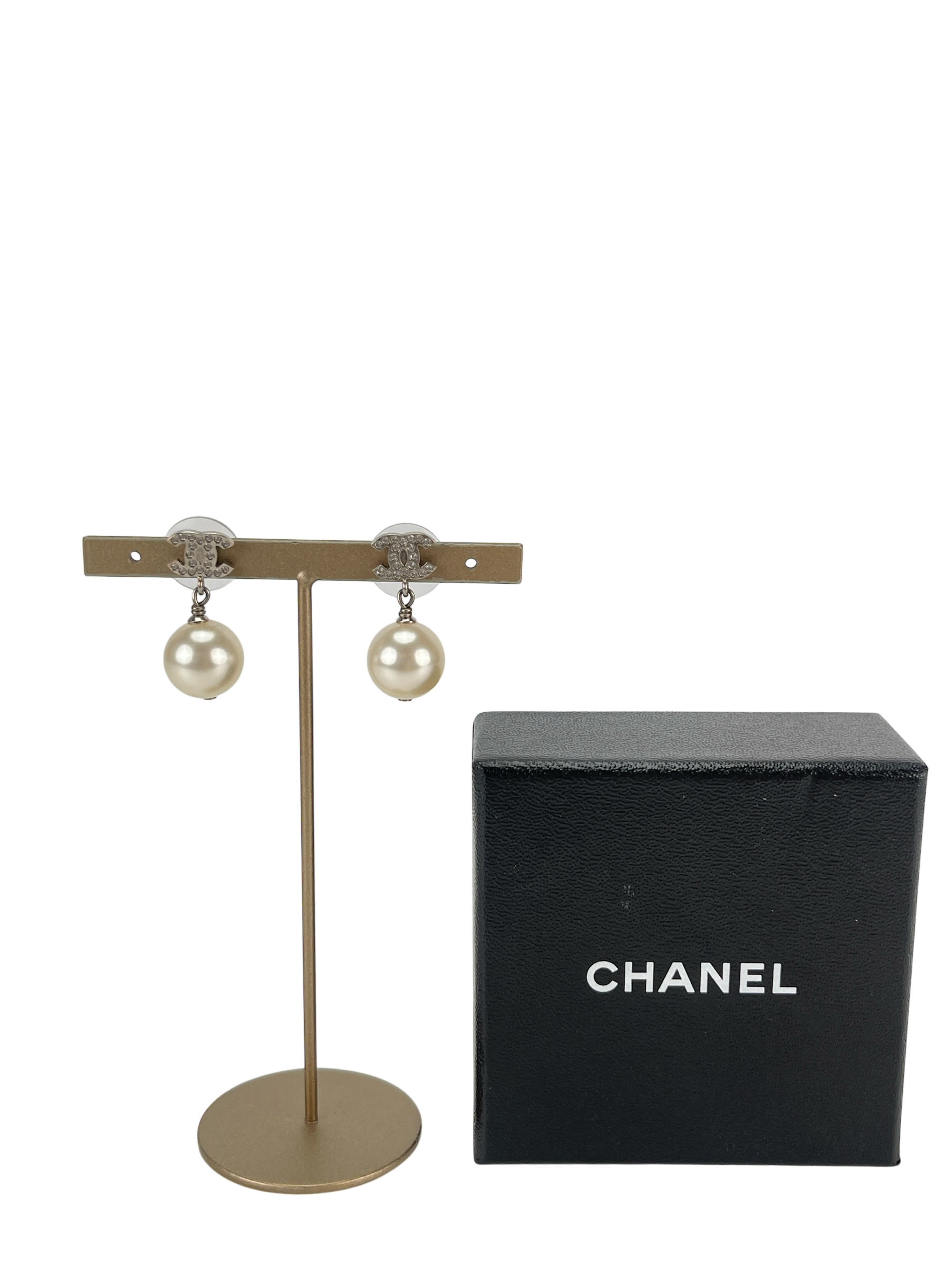 CHANEL - 22V Coco Mark Pearl Silver Metal Rhinestone Earrings