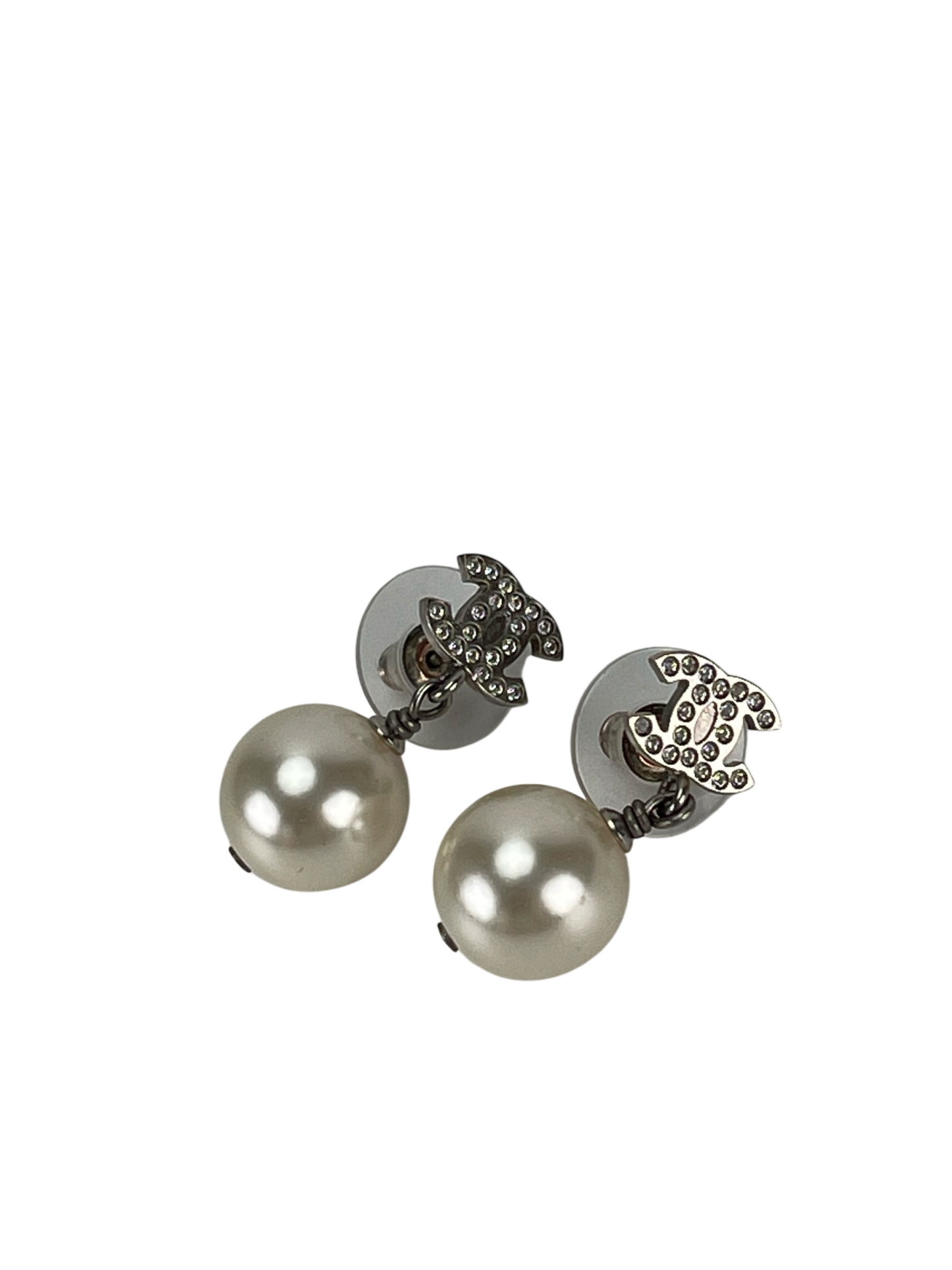 CHANEL - 22V Coco Mark Pearl Silver Metal Rhinestone Earrings