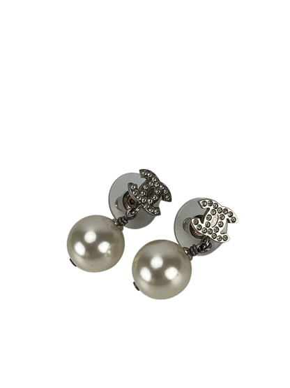 CHANEL - 22V Coco Mark Pearl Silver Metal Rhinestone Earrings