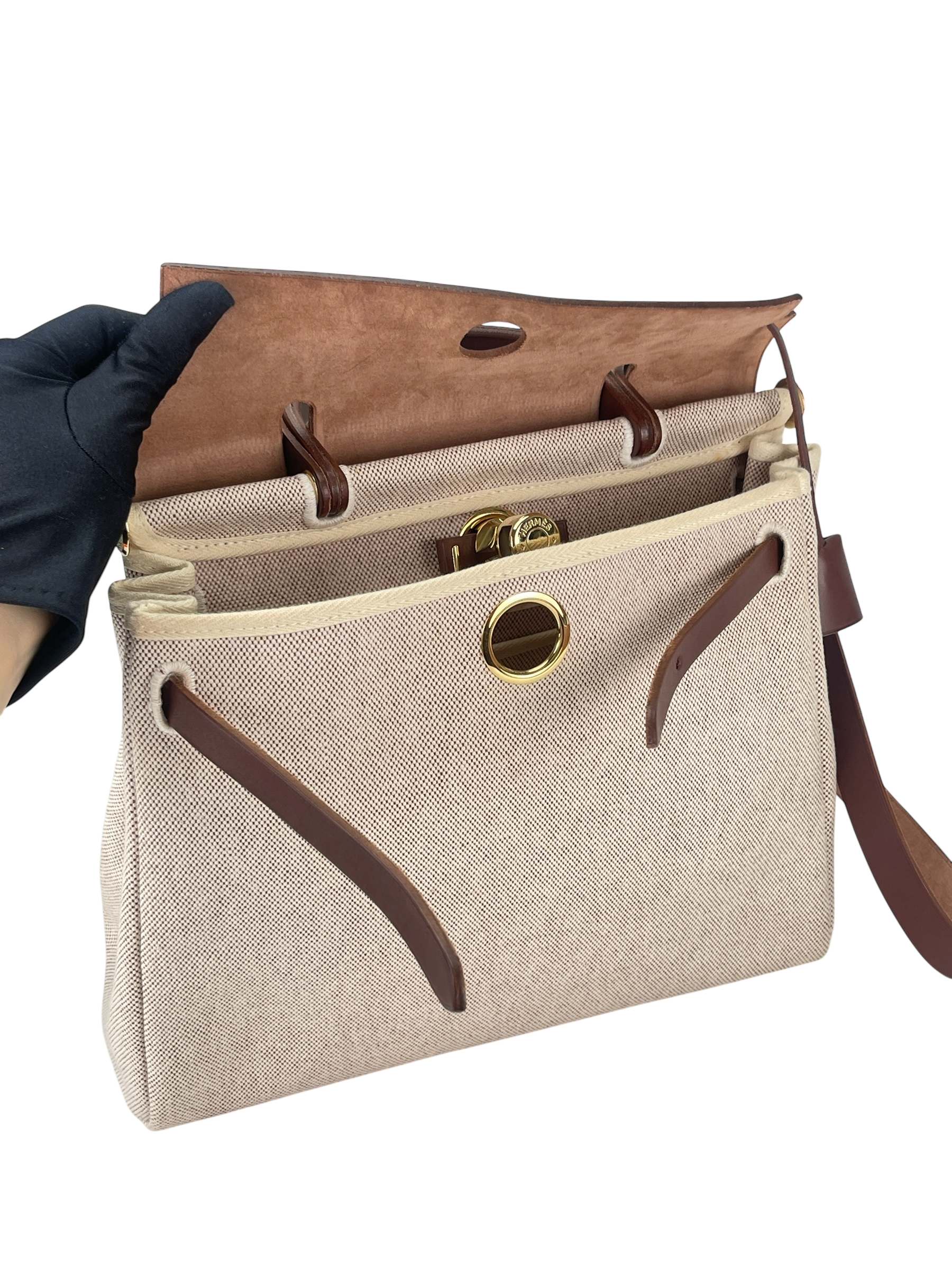 HERMES - Herbag Zip 31 (PM) Brown Beige Toile Palladium Hardware