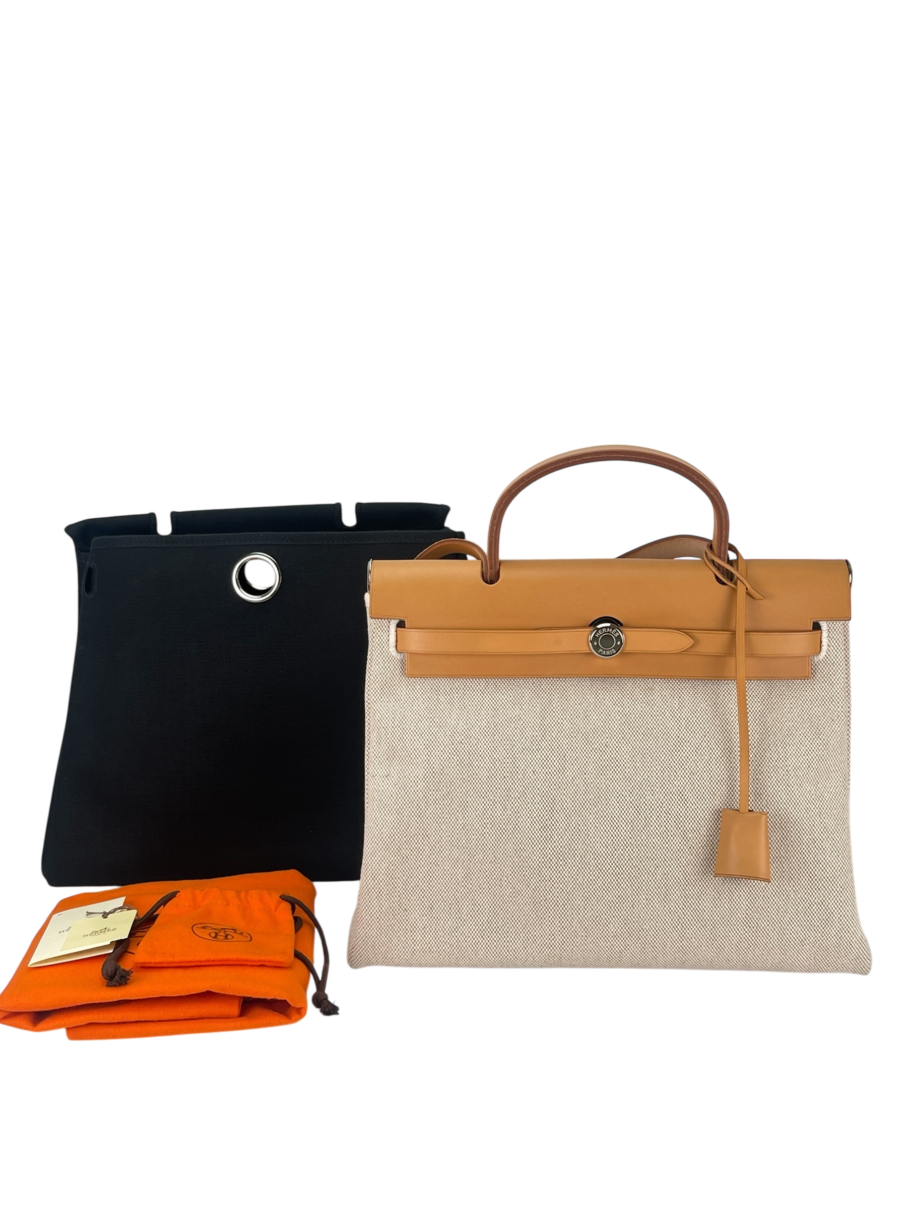 HERMES - Herbag 31 (PM) Black Beige Toile Vache Palladium Hardware