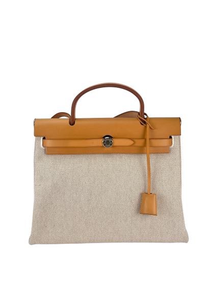 HERMES - Herbag 31 (PM) Black Beige Toile Vache Palladium Hardware