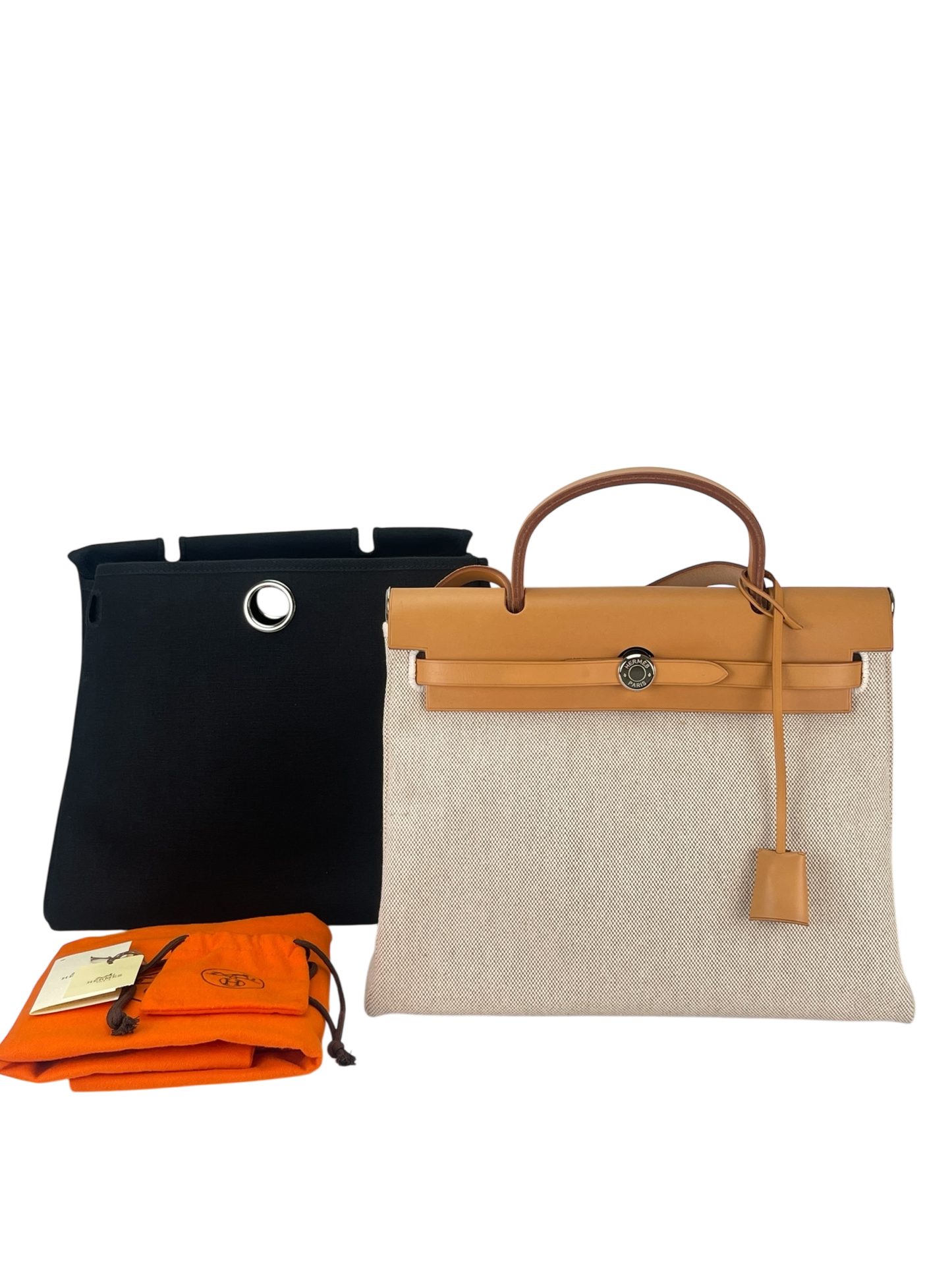 HERMES - Herbag 31 (PM) Black Beige Toile Vache Palladium Hardware