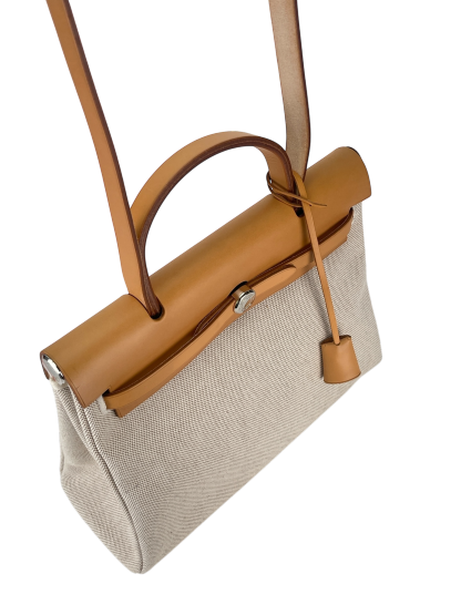 HERMES - Herbag 31 (PM) Black Beige Toile Vache Palladium Hardware