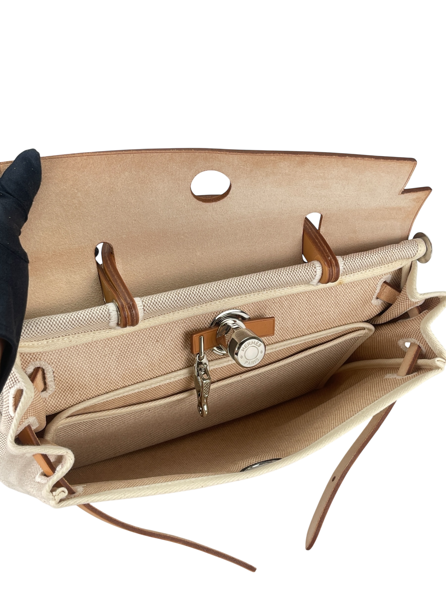 HERMES - Herbag 31 (PM) Black Beige Toile Vache Palladium Hardware