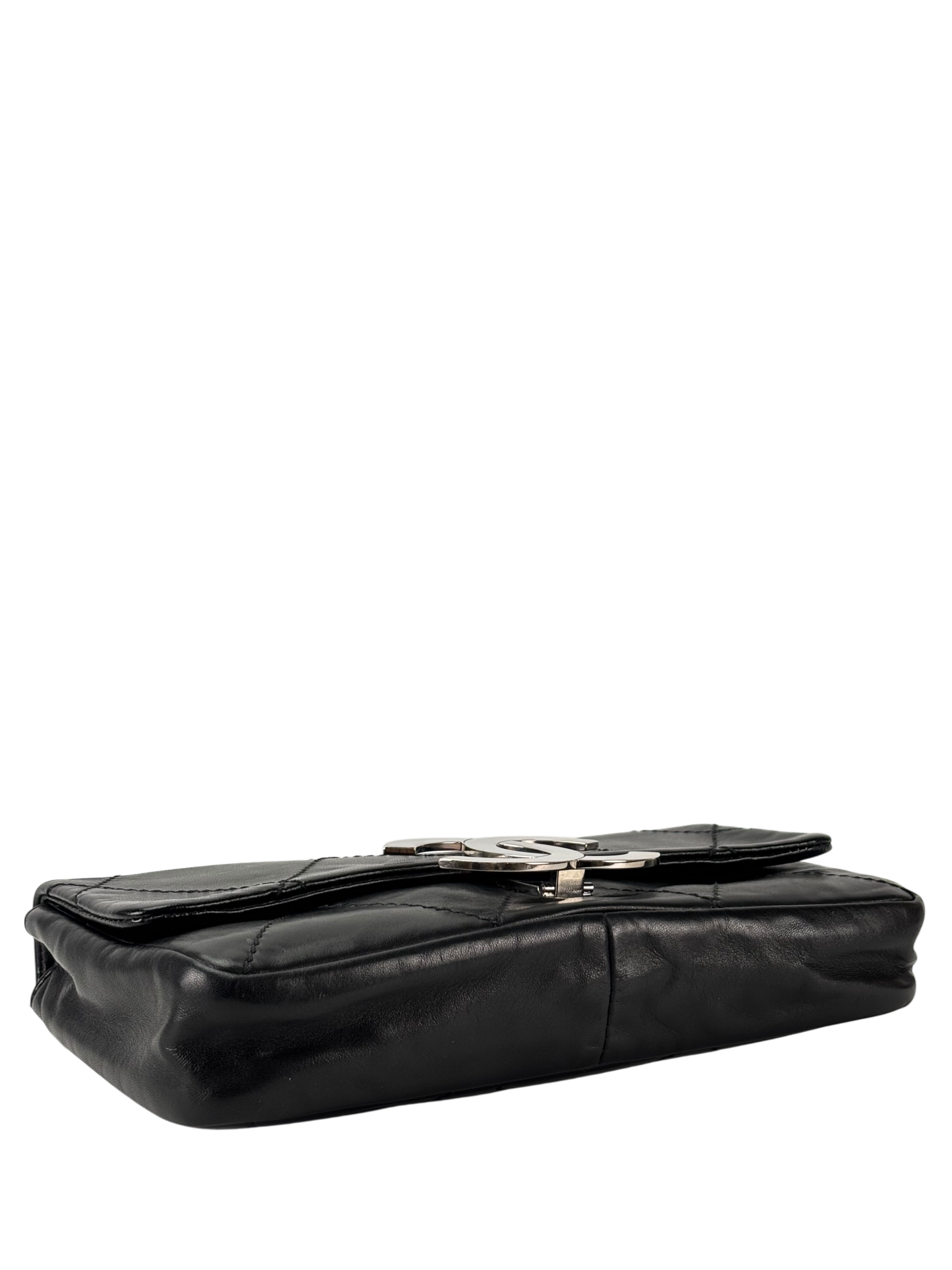 CHANEL - Black Lambskin Diamond Stitched CC East West Flap 