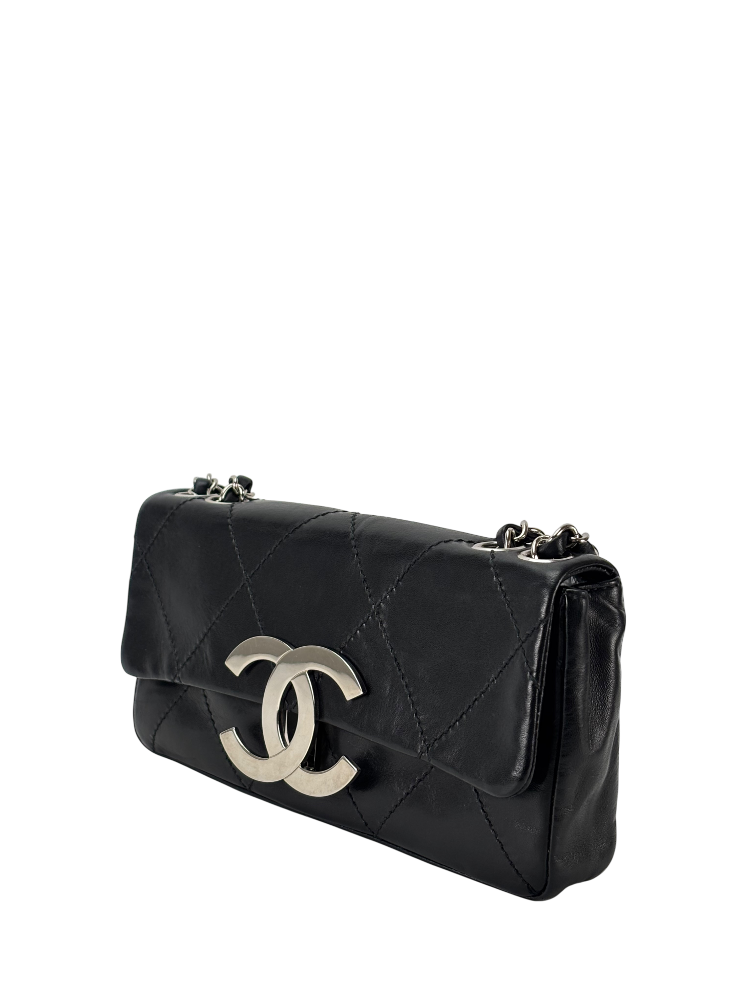 CHANEL - Black Lambskin Diamond Stitched CC East West Flap 