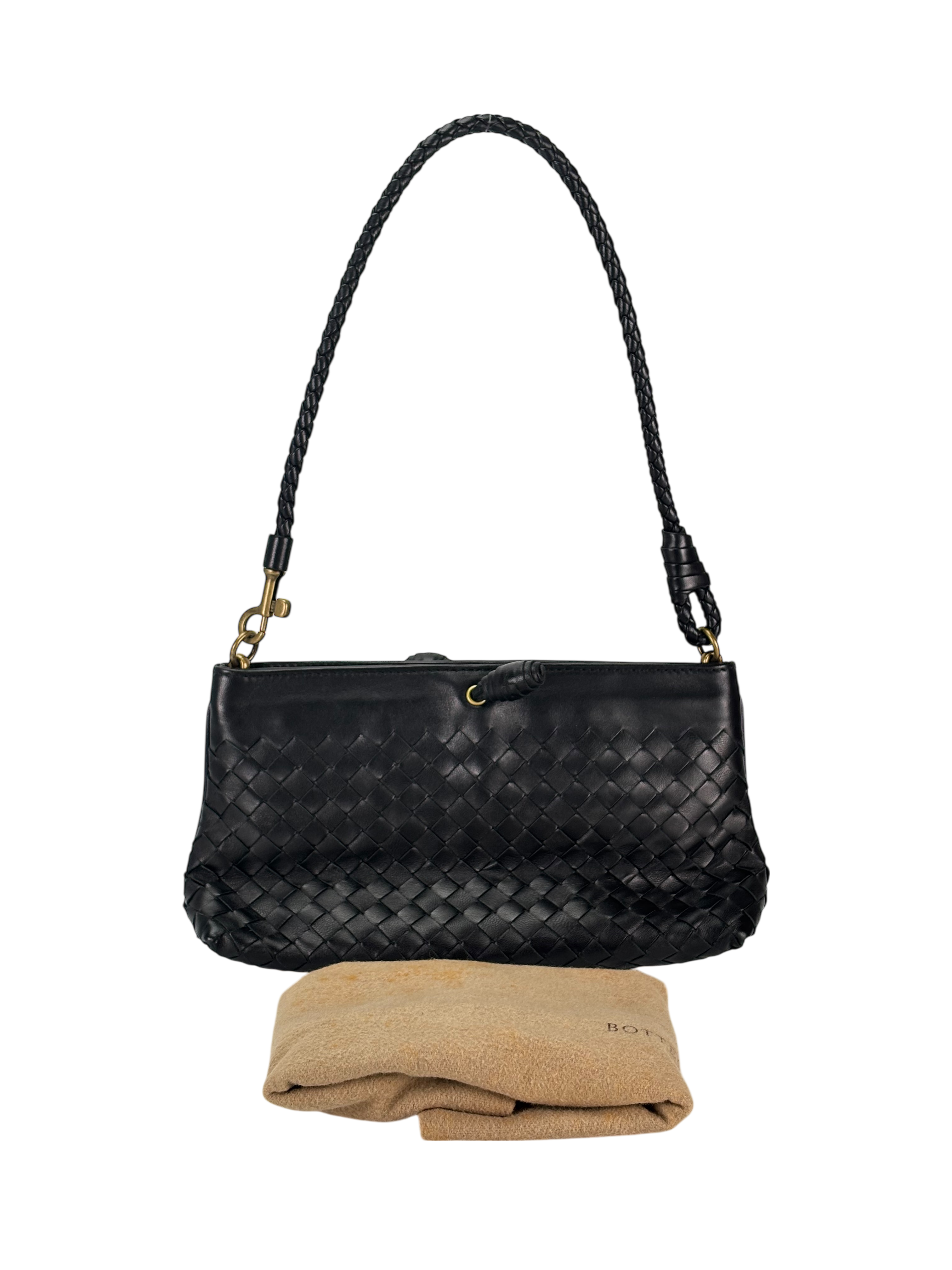 BOTTEGA VENETA - Black Lambskin Ebano Intrecciato Shoulder Bag