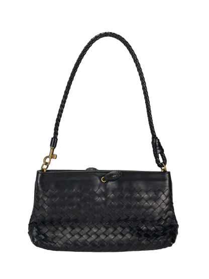 BOTTEGA VENETA - Black Lambskin Ebano Intrecciato Shoulder Bag