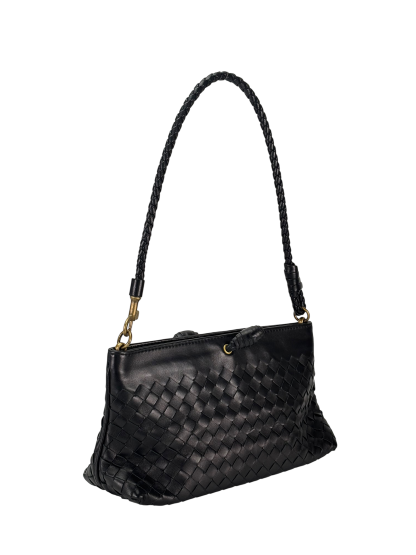 BOTTEGA VENETA - Black Lambskin Ebano Intrecciato Shoulder Bag