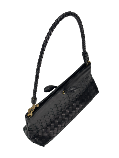 BOTTEGA VENETA - Black Lambskin Ebano Intrecciato Shoulder Bag