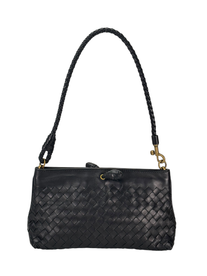BOTTEGA VENETA - Black Lambskin Ebano Intrecciato Shoulder Bag