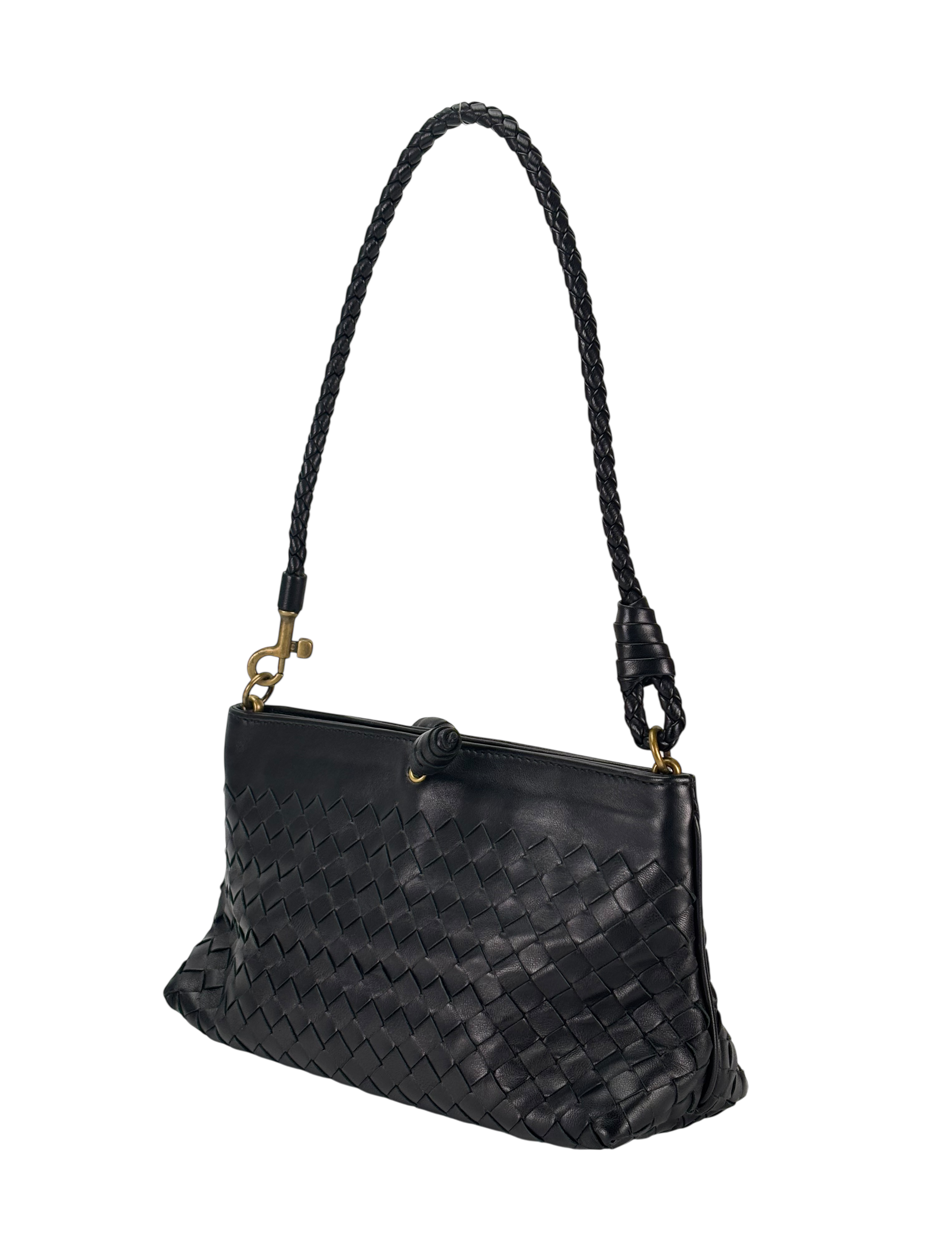 BOTTEGA VENETA - Black Lambskin Ebano Intrecciato Shoulder Bag