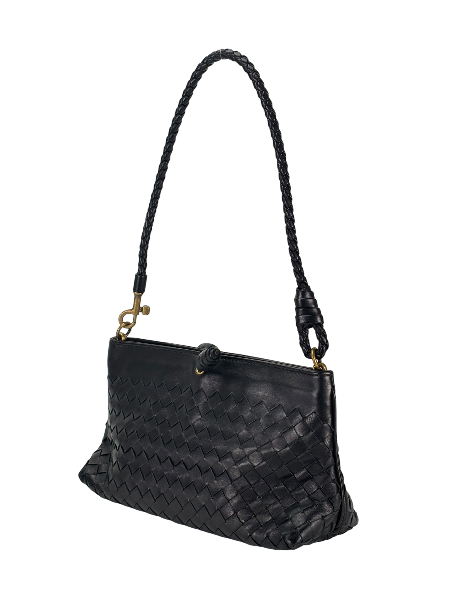 BOTTEGA VENETA - Black Lambskin Ebano Intrecciato Shoulder Bag