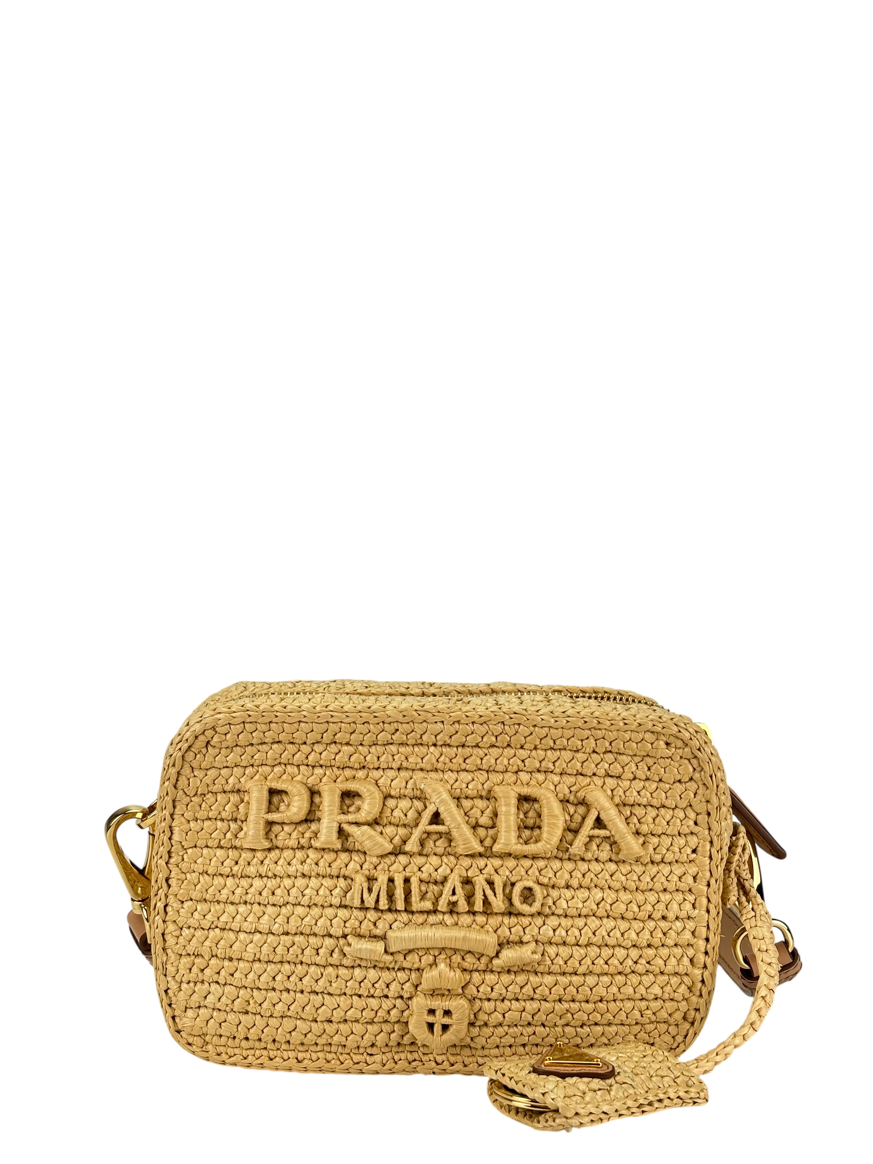 PRADA - Beige Raffia Effect Crochet Brique Crossbody Bag