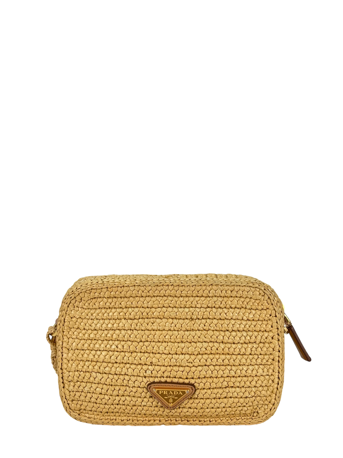 PRADA - Beige Raffia Effect Crochet Brique Crossbody Bag