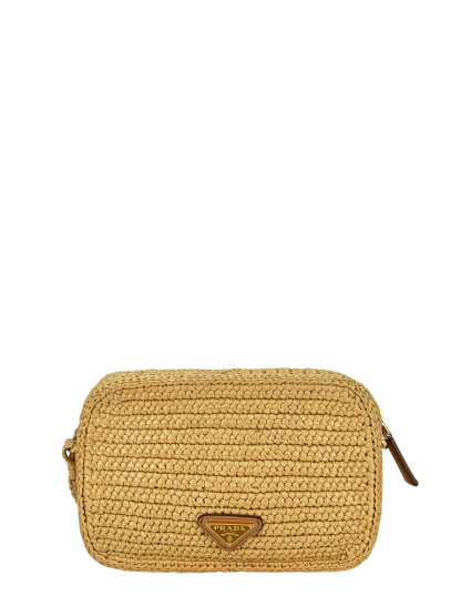 PRADA - Beige Raffia Effect Crochet Brique Crossbody Bag