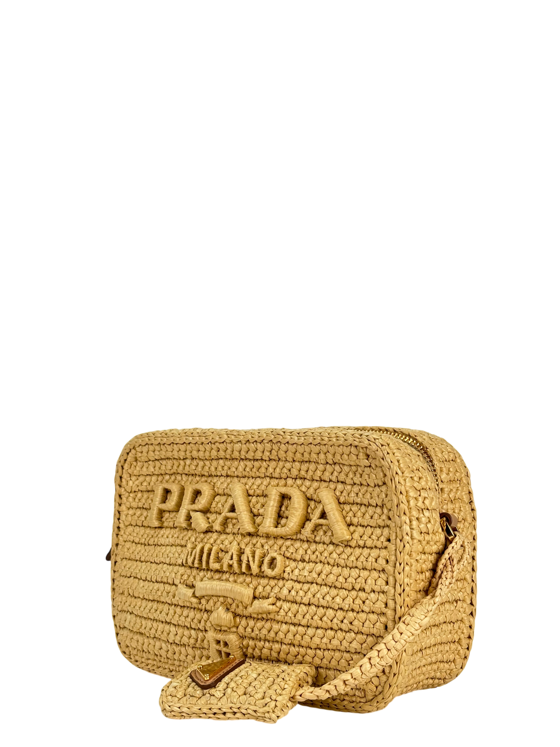 PRADA - Beige Raffia Effect Crochet Brique Crossbody Bag