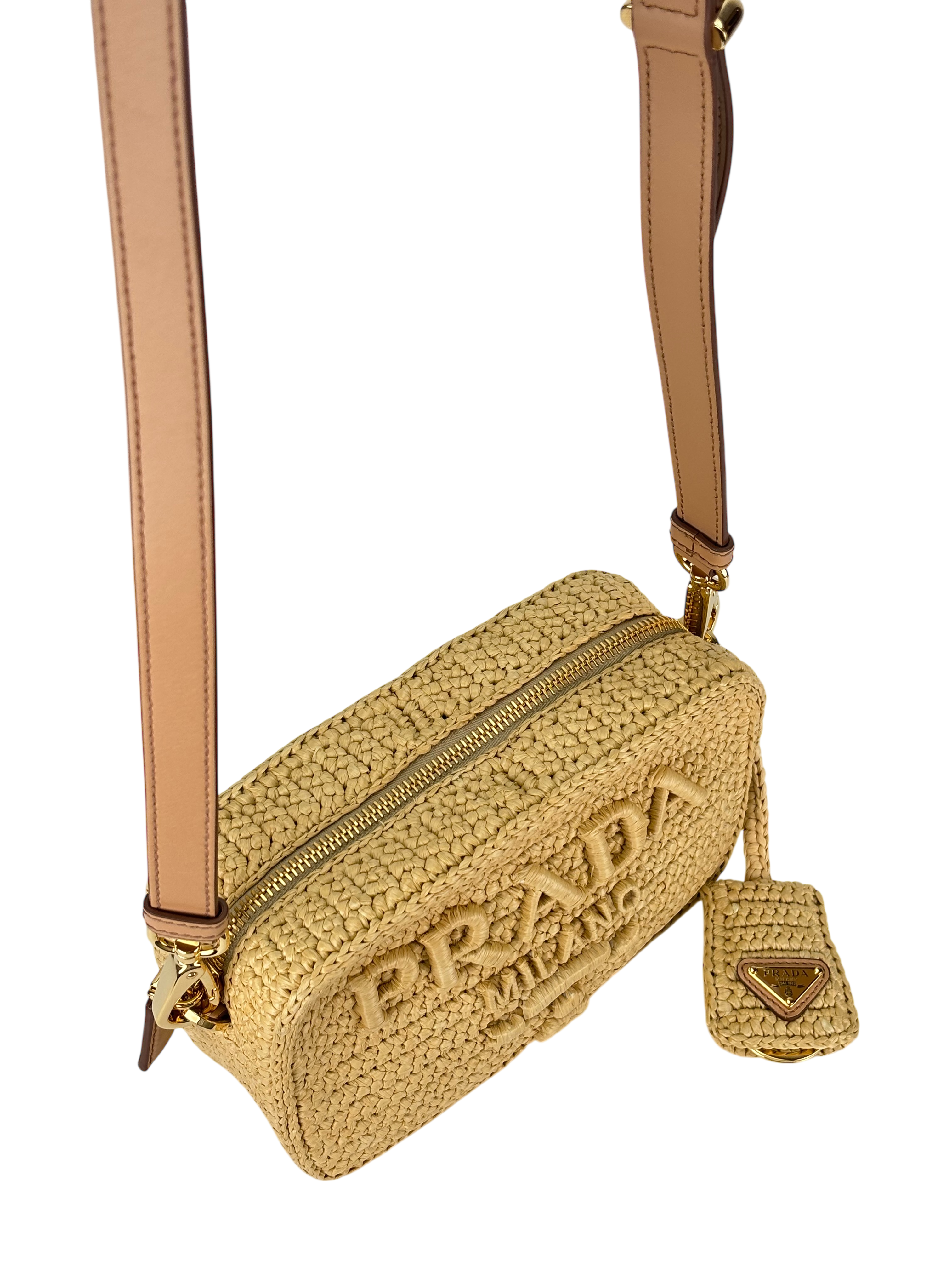 PRADA - Beige Raffia Effect Crochet Brique Crossbody Bag