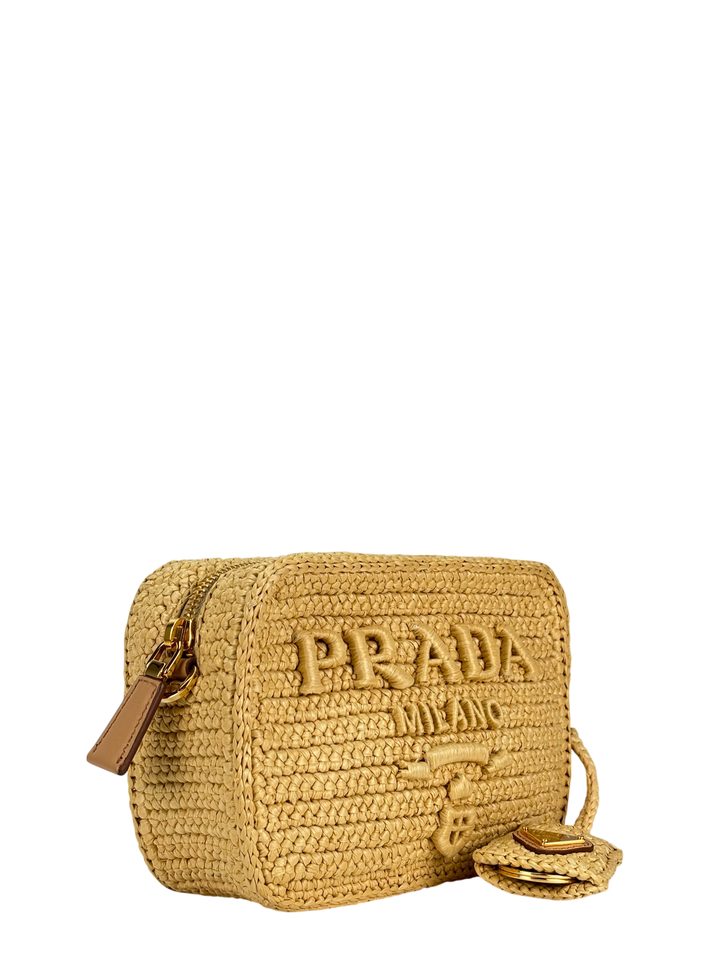 PRADA - Beige Raffia Effect Crochet Brique Crossbody Bag