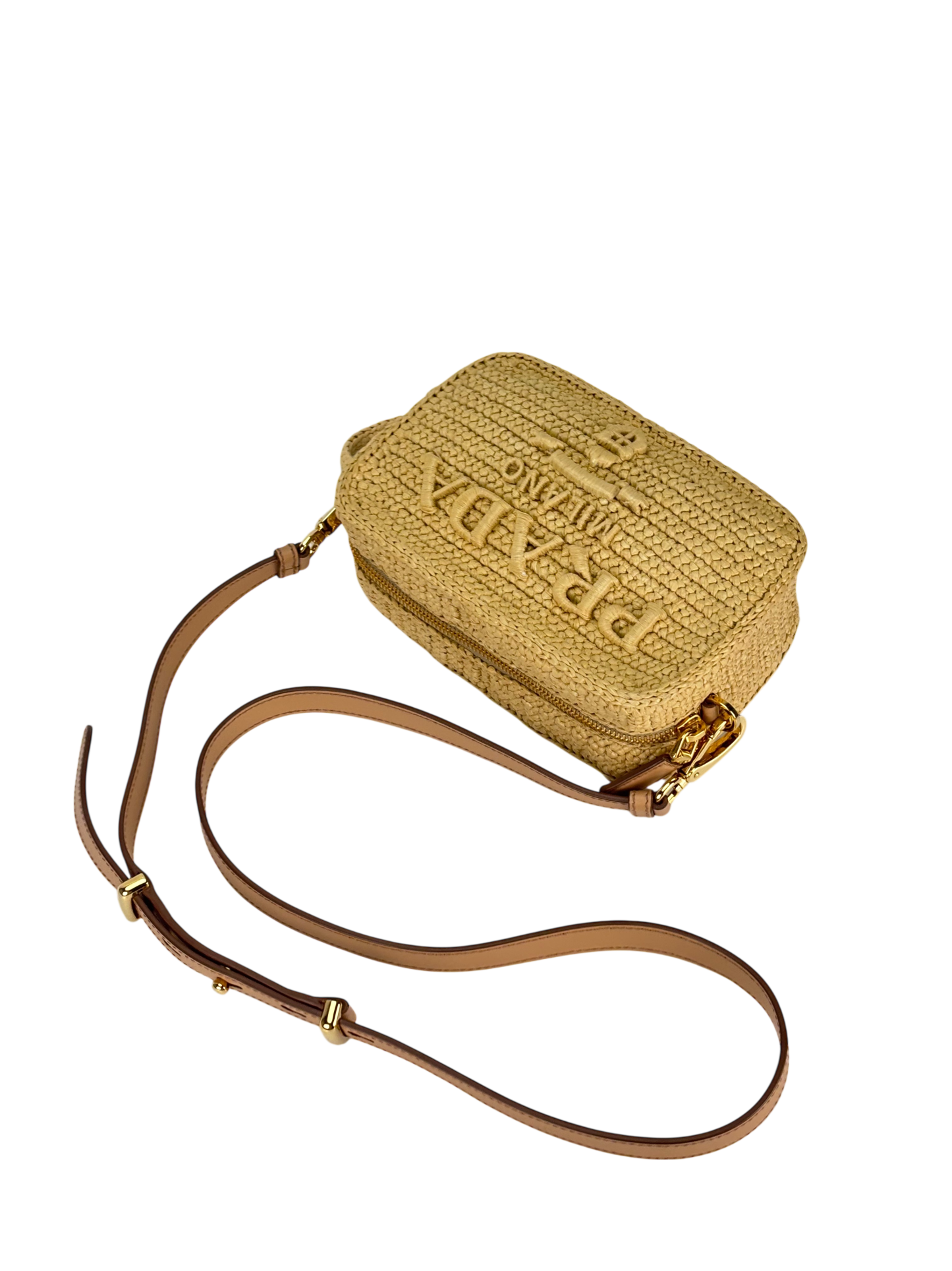 PRADA - Beige Raffia Effect Crochet Brique Crossbody Bag