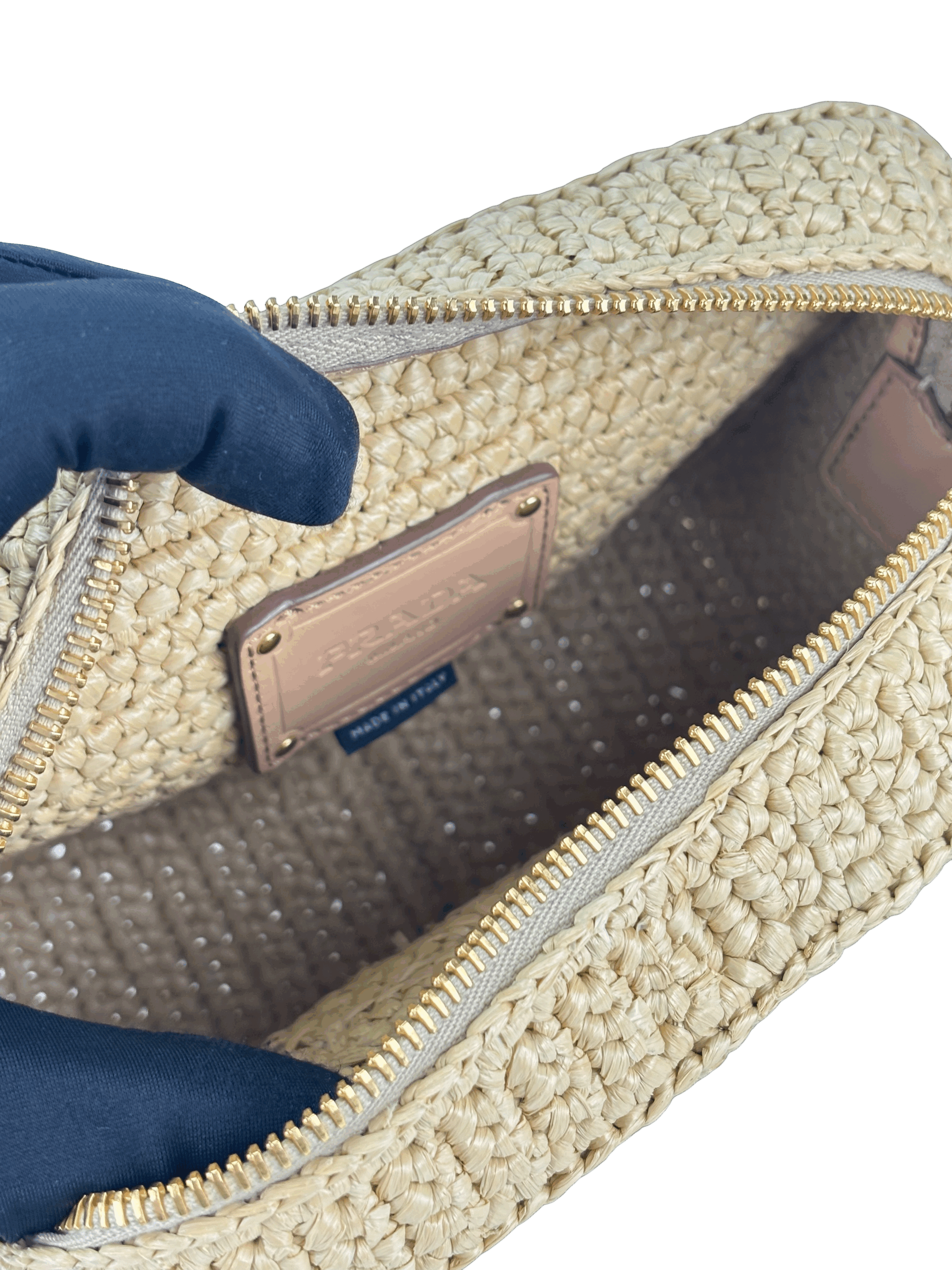 PRADA - Beige Raffia Effect Crochet Brique Crossbody Bag