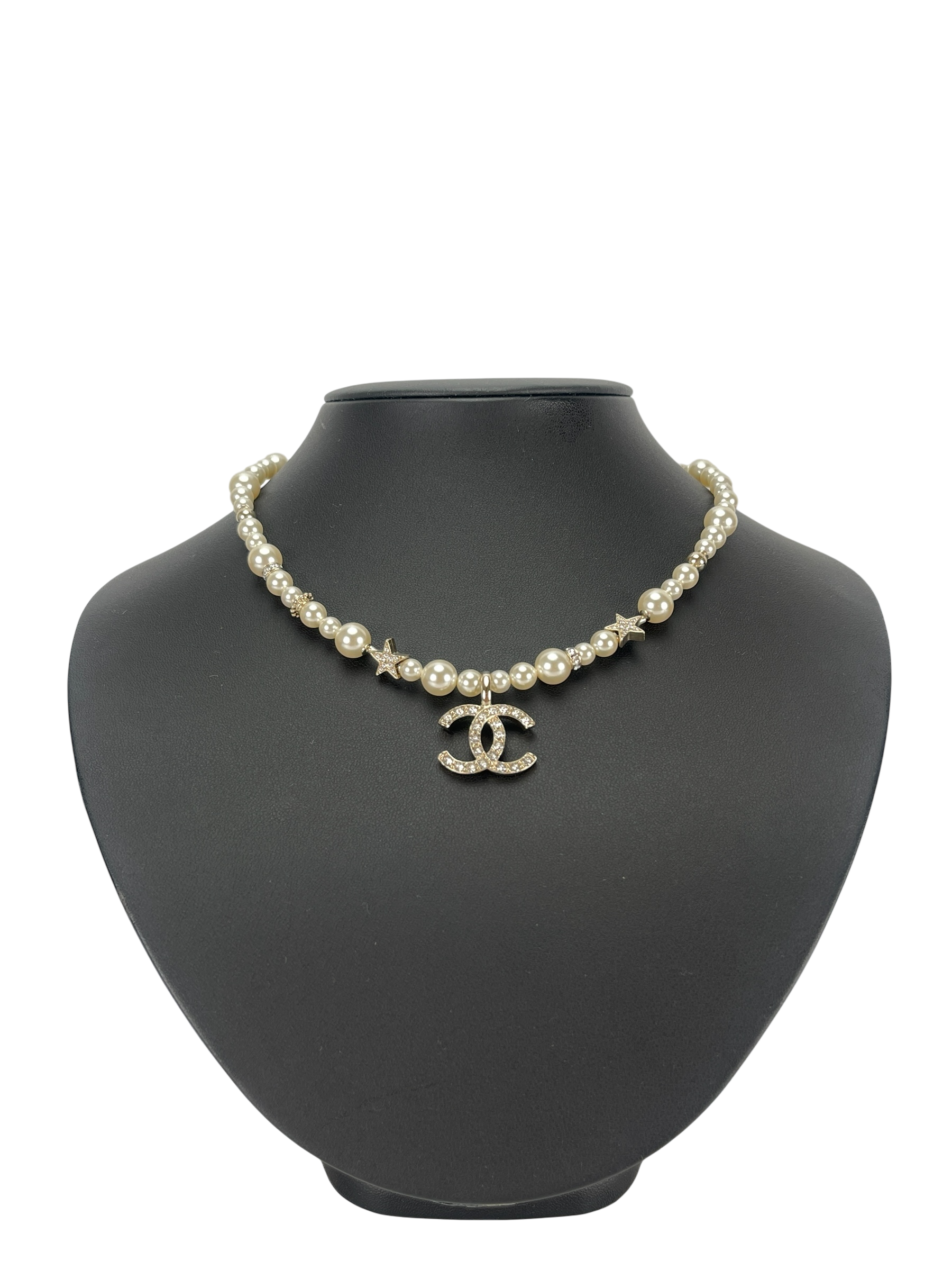 CHANEL - Gold-tone Rhinestone Glass Pearl Necklace