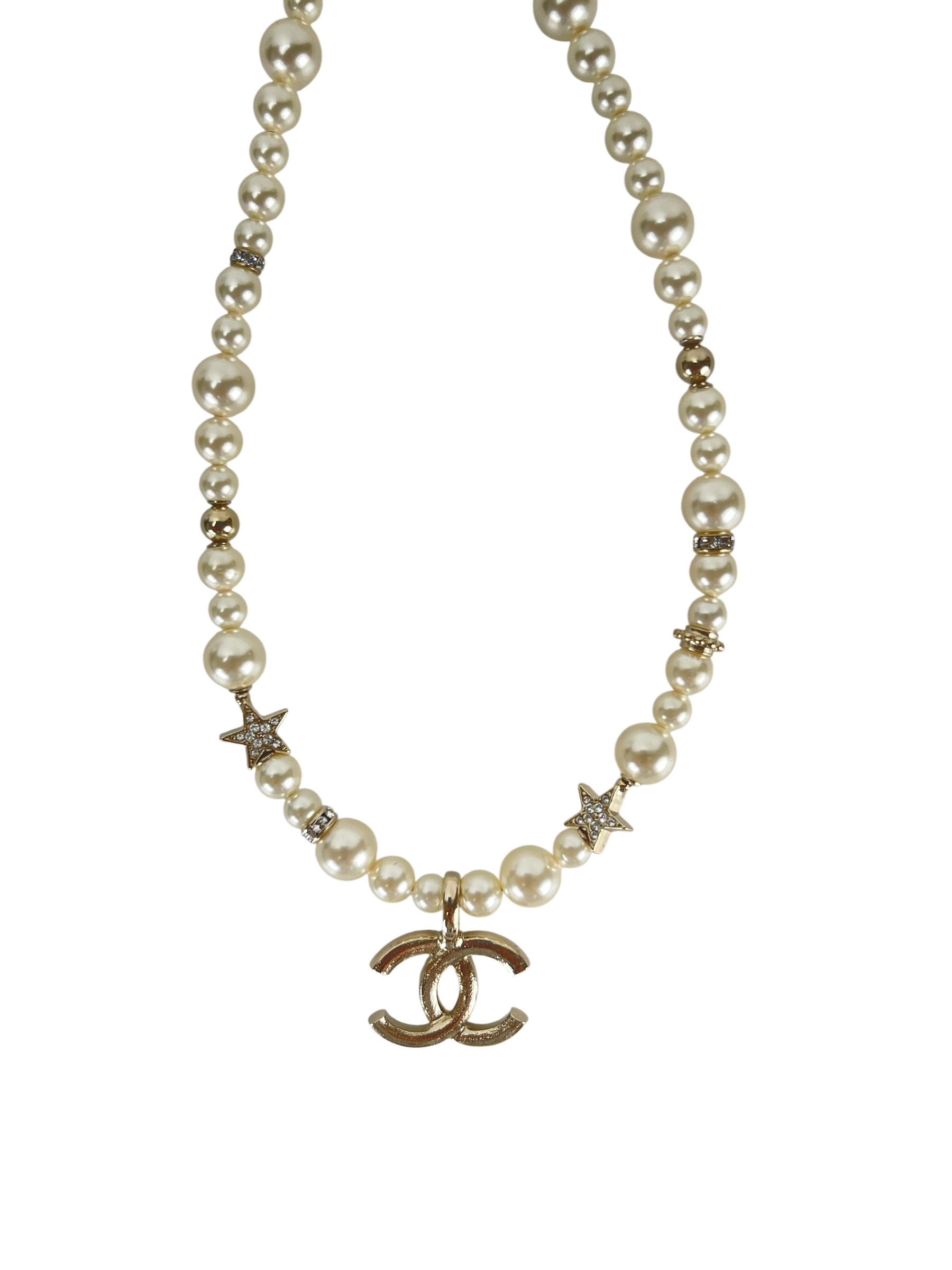CHANEL - Gold-tone Rhinestone Glass Pearl Necklace