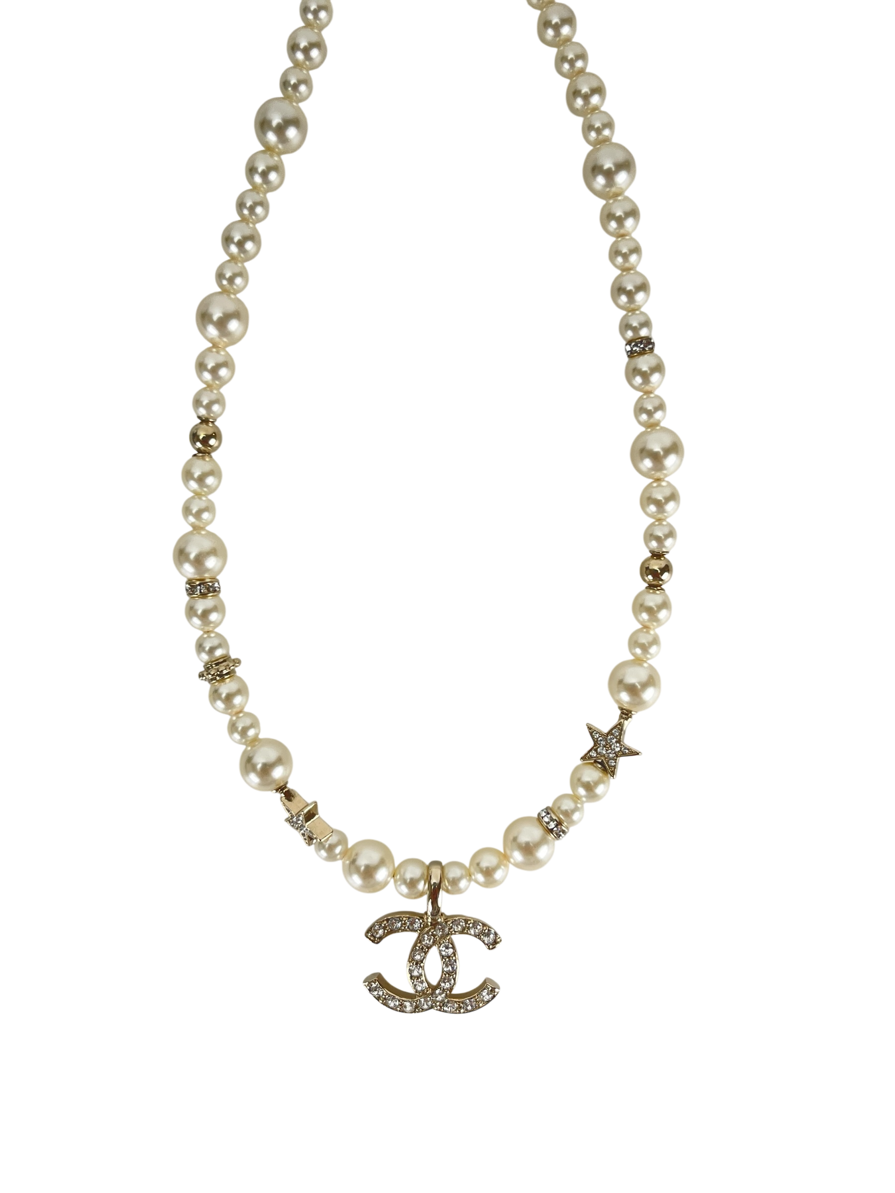 CHANEL - Gold-tone Rhinestone Glass Pearl Necklace