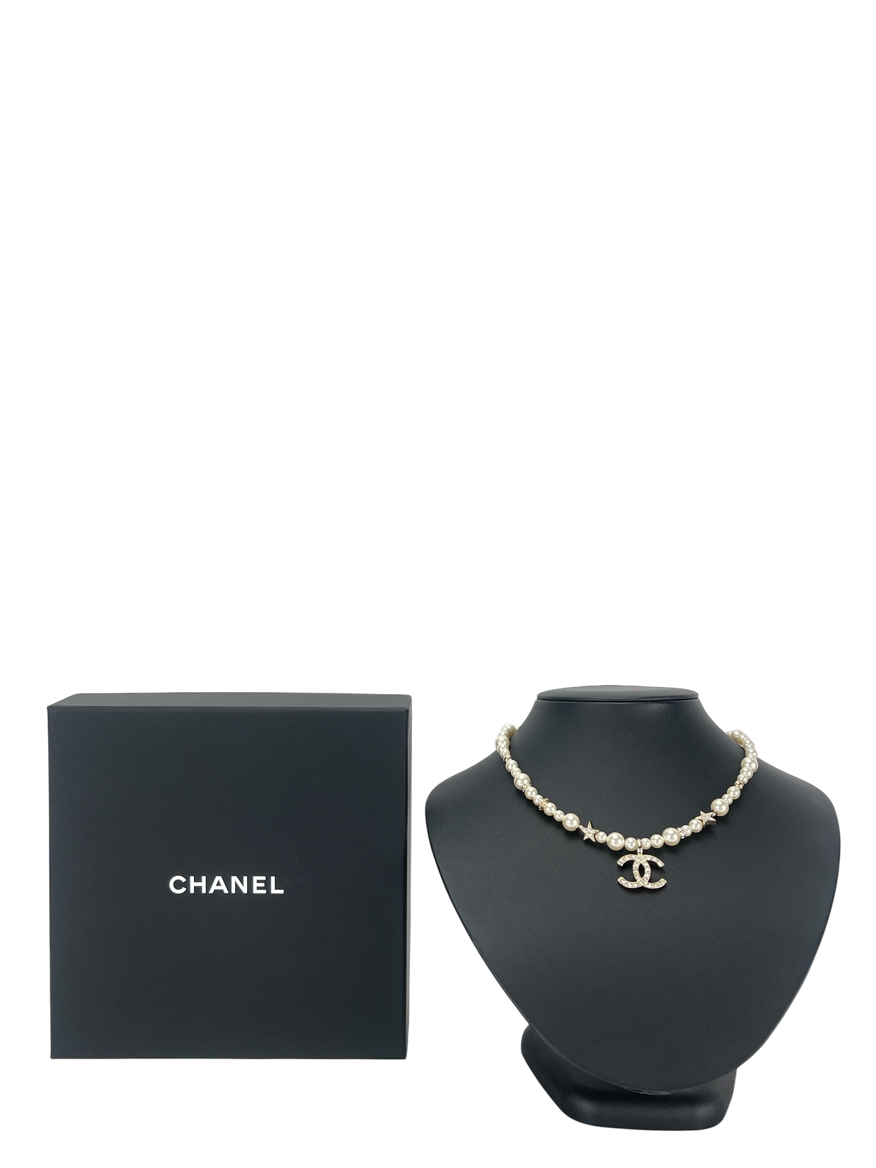 CHANEL - Gold-tone Rhinestone Glass Pearl Necklace