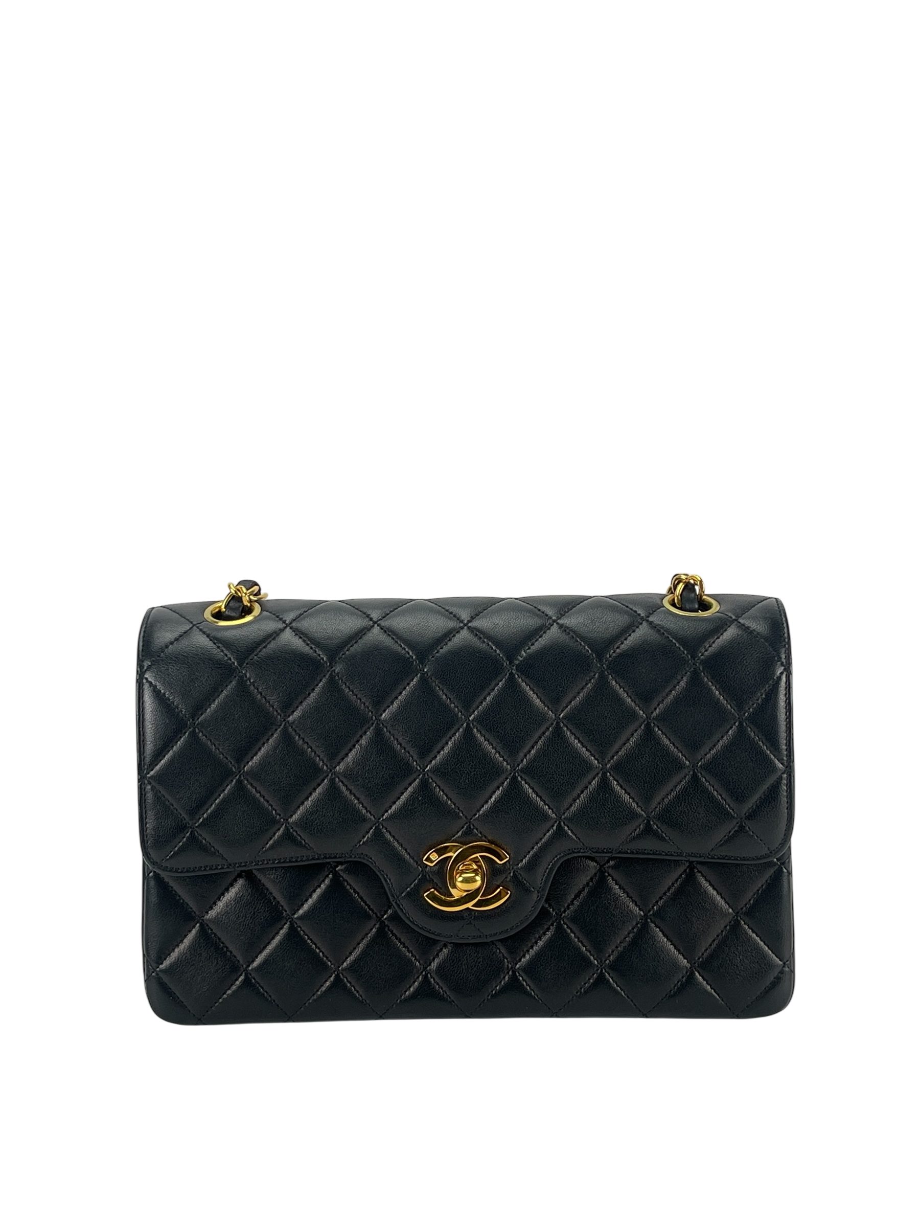 CHANEL - Black Quilted Lambskin Circle Turn Lock Half Flap Chain Shoulder Bag