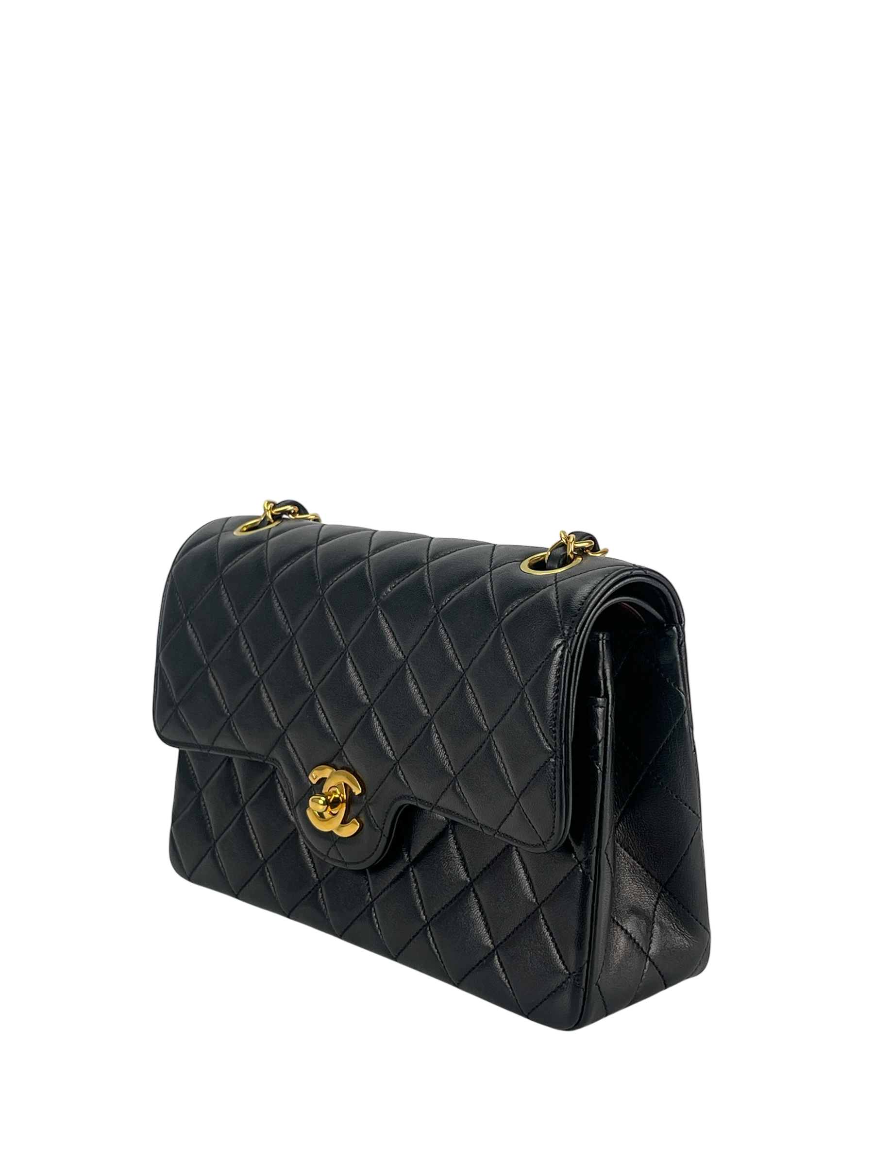 CHANEL - Black Quilted Lambskin Circle Turn Lock Half Flap Chain Shoulder Bag