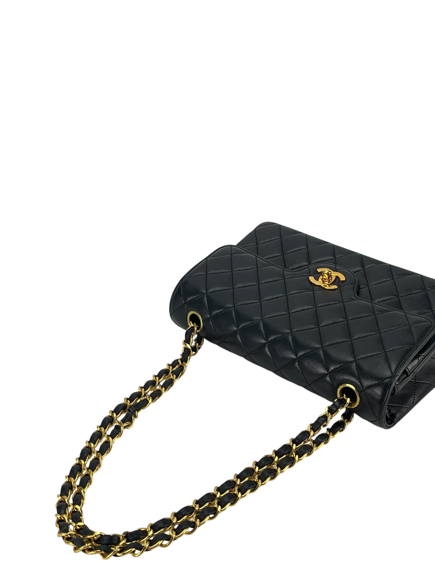 CHANEL - Black Quilted Lambskin Circle Turn Lock Half Flap Chain Shoulder Bag