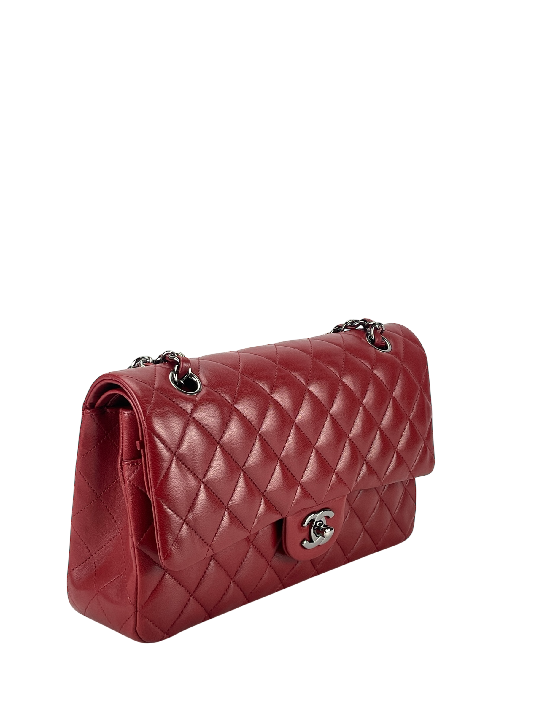 CHANEL - Medium Classic Double Flap Bag Red Lambskin Sliver Hardware (CF25)