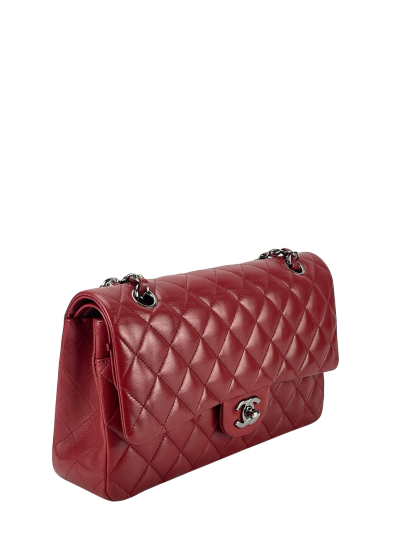 CHANEL - Medium Classic Double Flap Bag Red Lambskin Sliver Hardware (CF25)