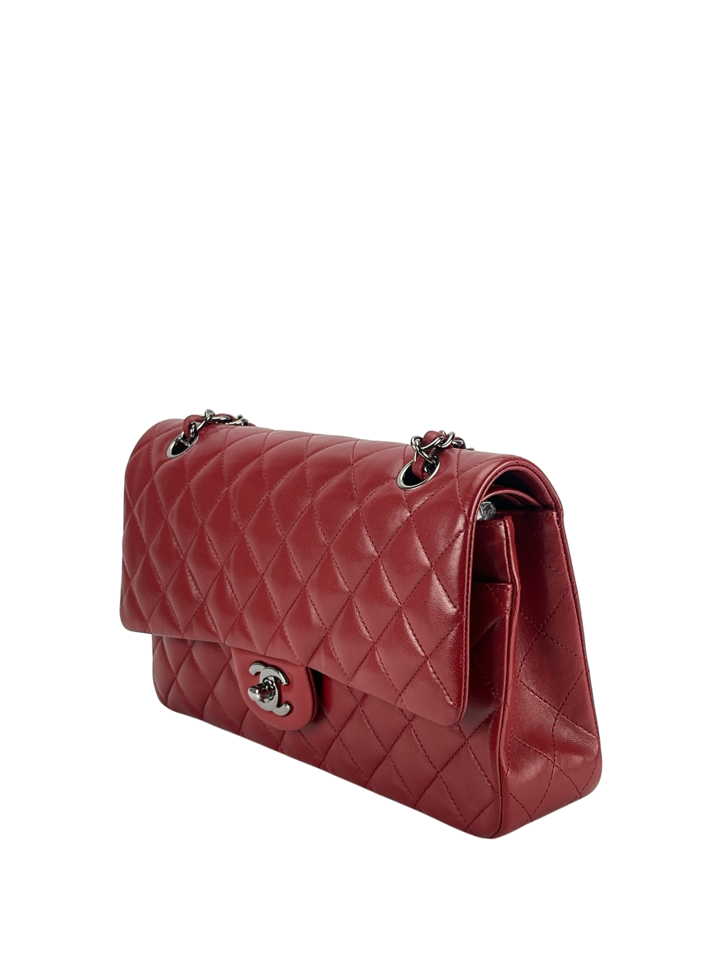 CHANEL - Medium Classic Double Flap Bag Red Lambskin Sliver Hardware (CF25)