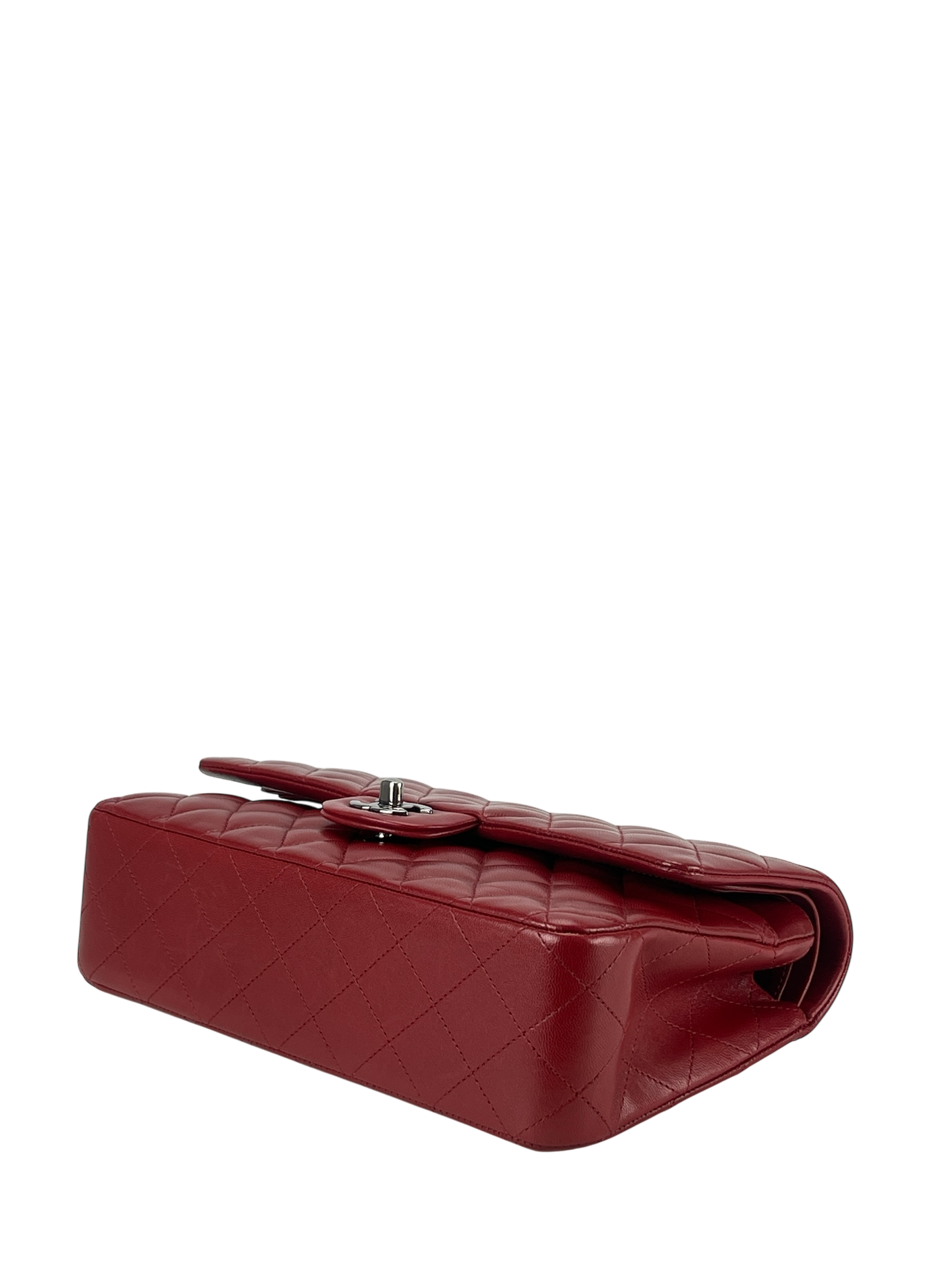 CHANEL - Medium Classic Double Flap Bag Red Lambskin Sliver Hardware (CF25)