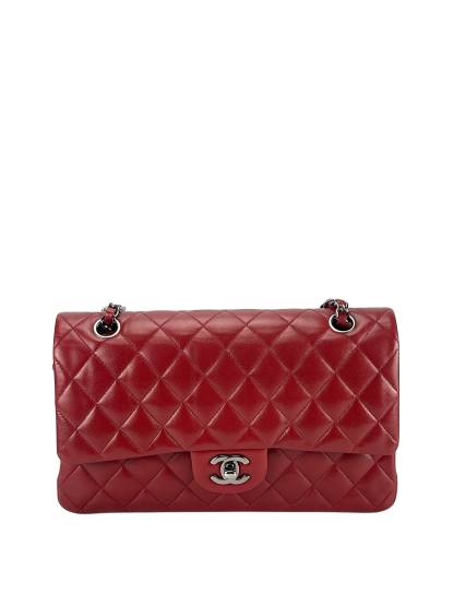 CHANEL - Medium Classic Double Flap Bag Red Lambskin Sliver Hardware (CF25)