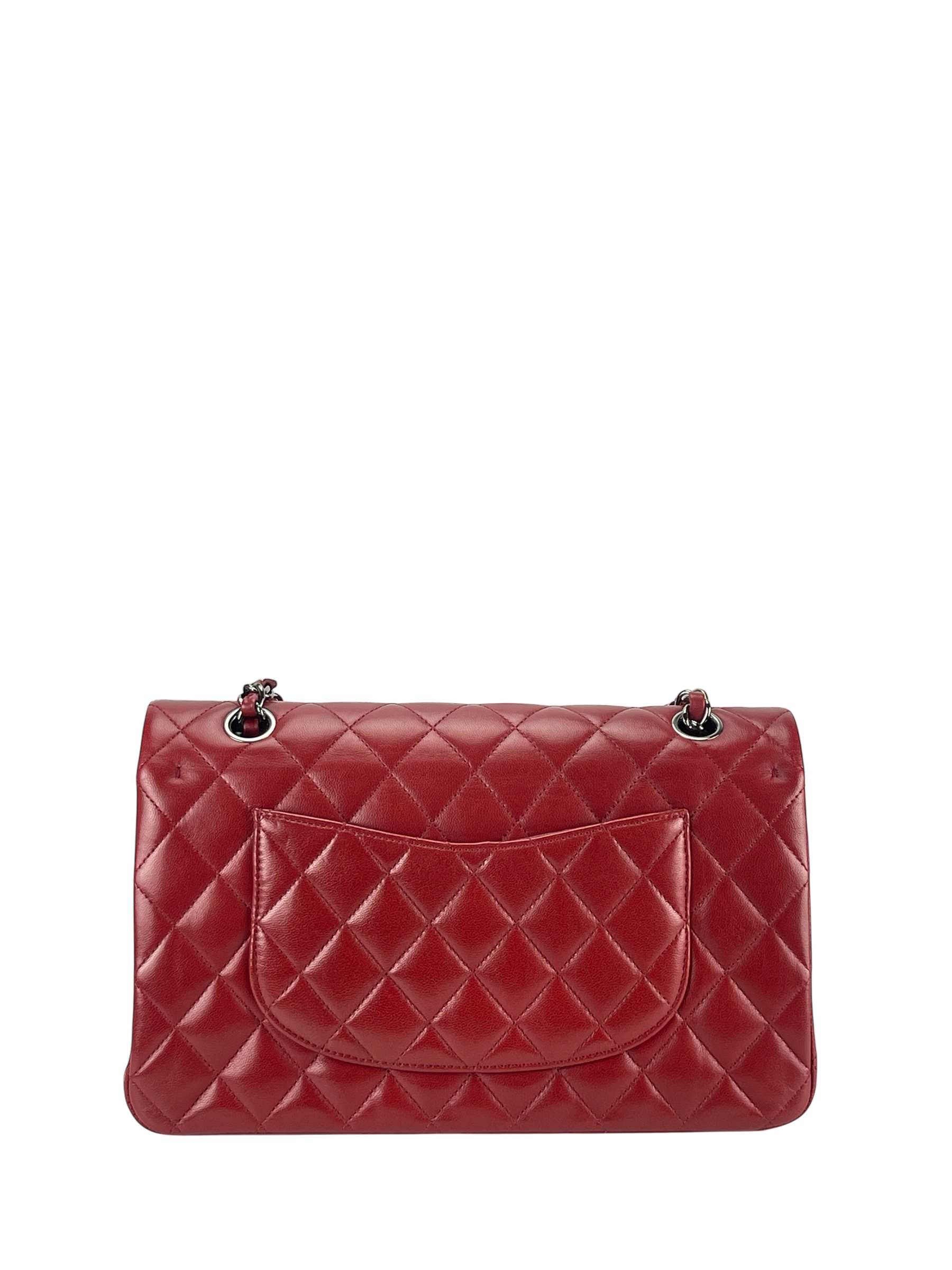 CHANEL - Medium Classic Double Flap Bag Red Lambskin Sliver Hardware (CF25)