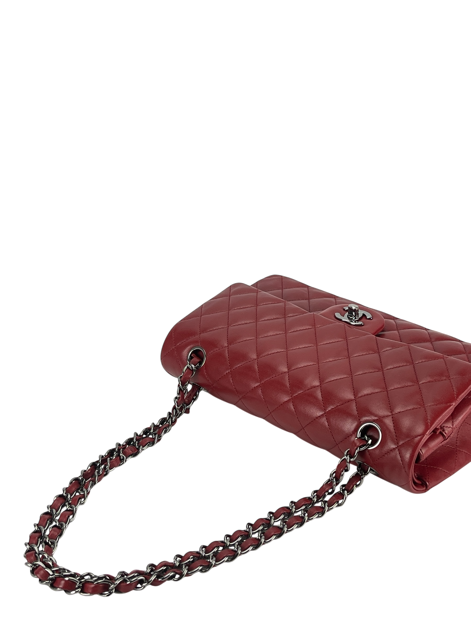 CHANEL - Medium Classic Double Flap Bag Red Lambskin Sliver Hardware (CF25)