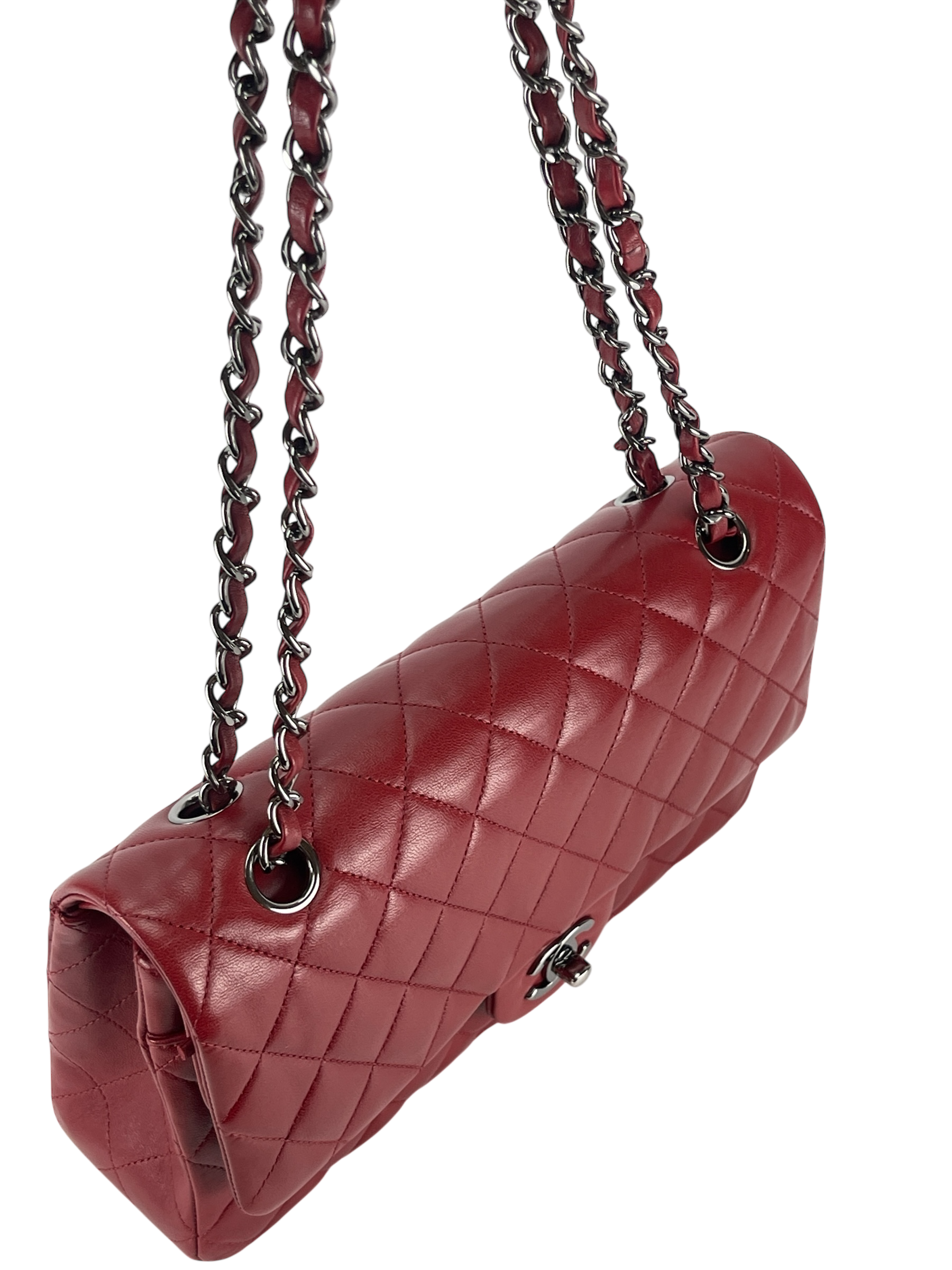 CHANEL - Medium Classic Double Flap Bag Red Lambskin Sliver Hardware (CF25)